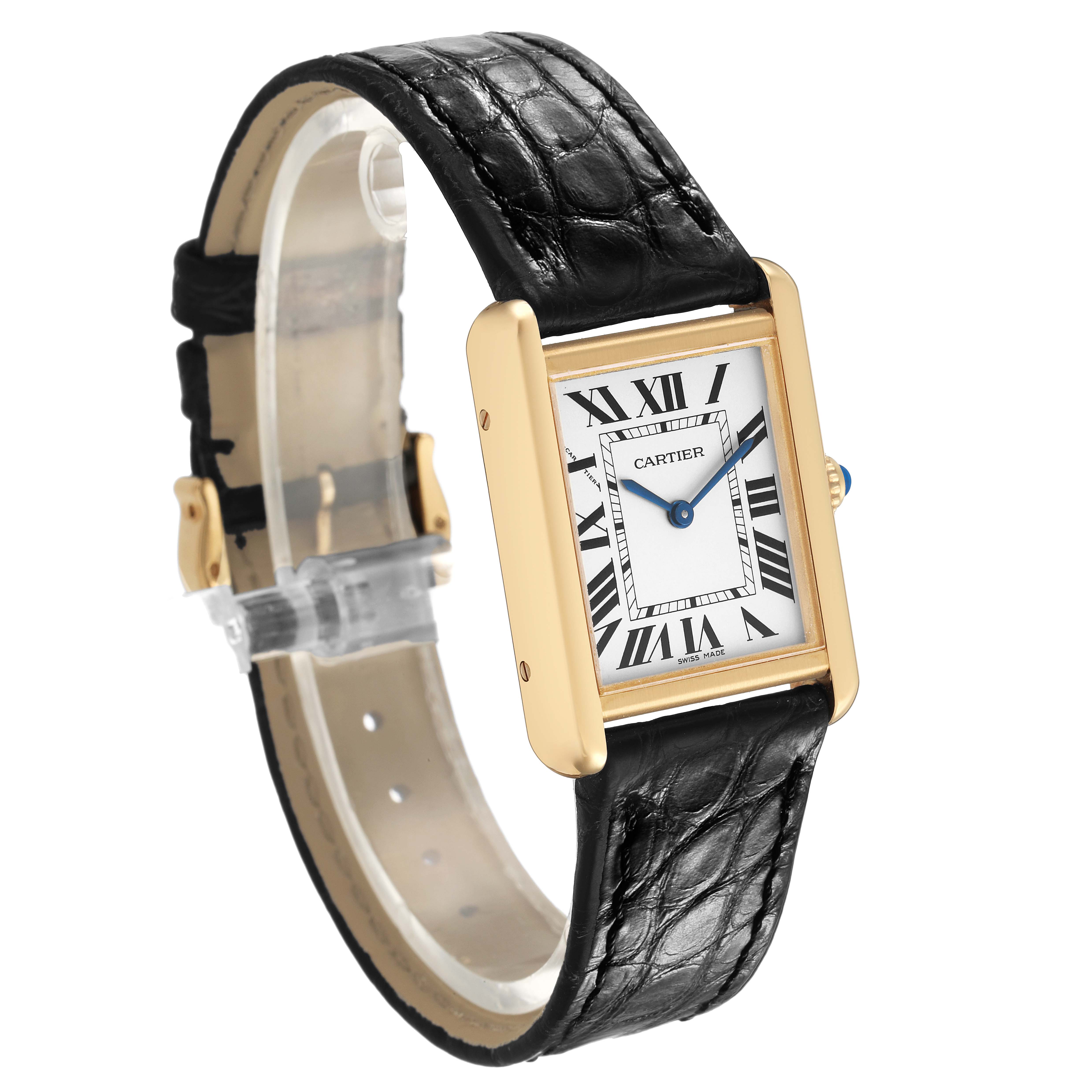 The Cartier Tank Solo W5200024 Women's Steel and Gold (two tone) Silver Dial watch is shown at a slight angle, highlighting its rectangular face, Roman numerals, and leather strap.