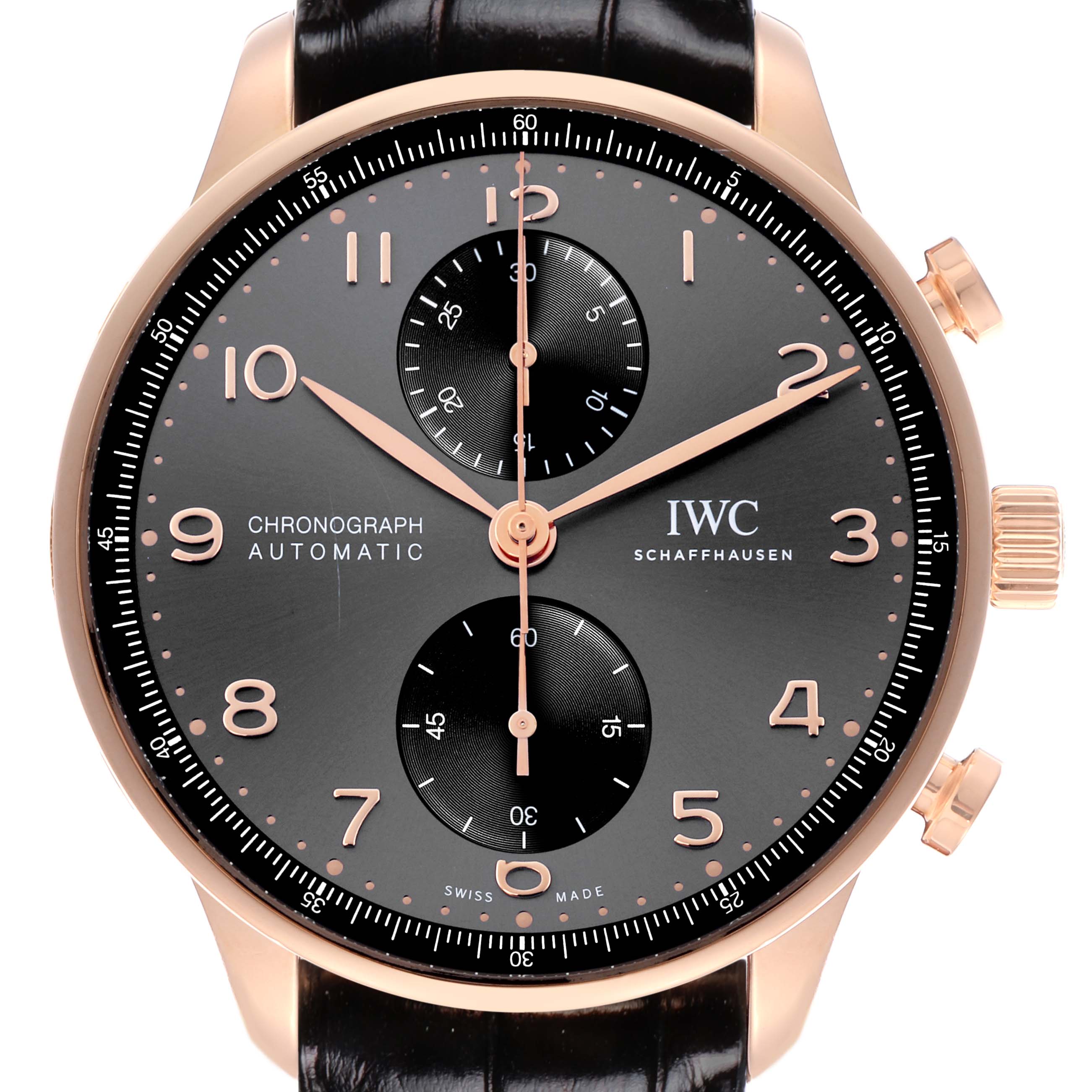 The IWC Portuguese IW371610 Men's Rose Gold Grey Dial IW371610 Men's Rose Gold Grey Dial watch is shown from a frontal view, highlighting its dial, hands, subdials, and crown.