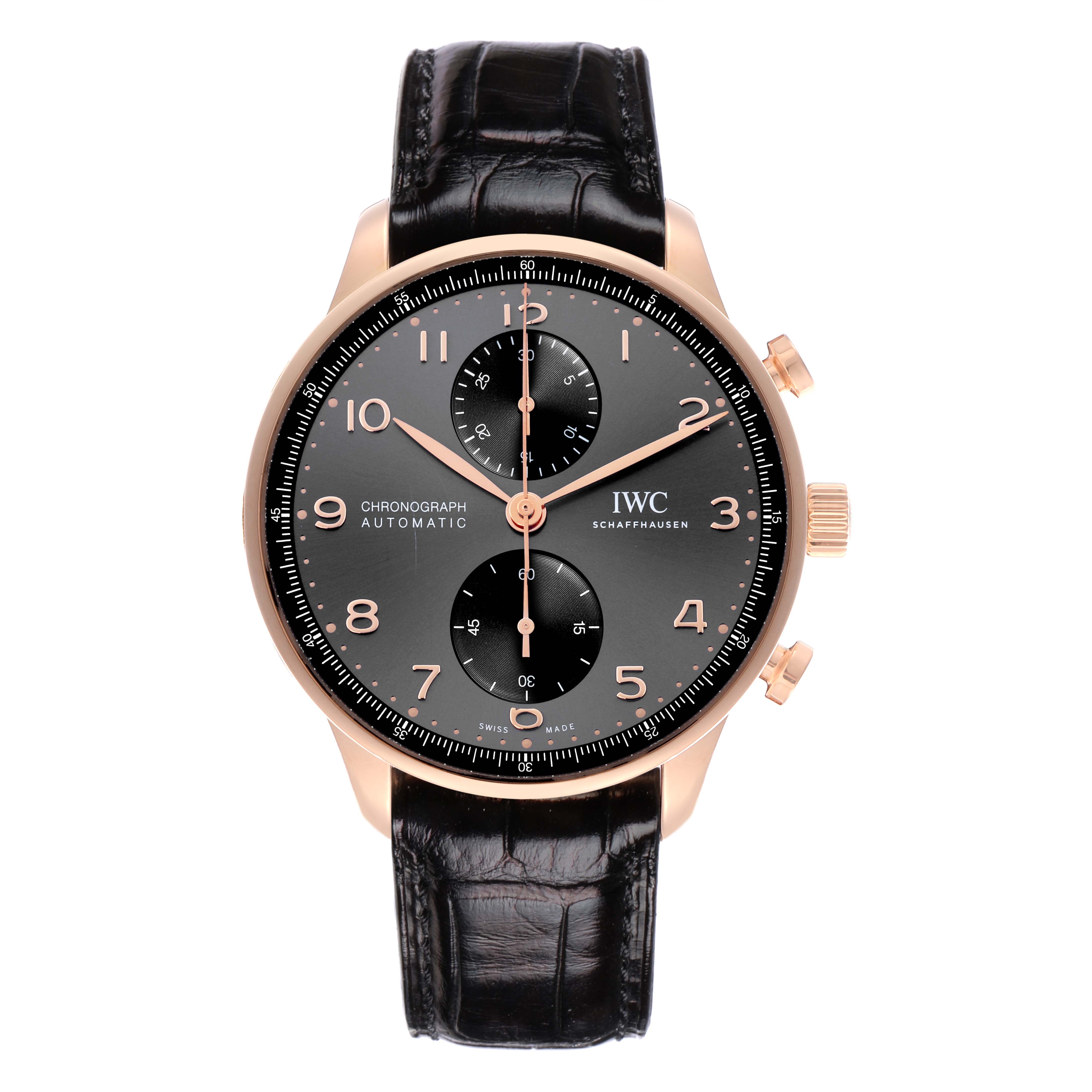 The IWC Portuguese IW371610 Men's Rose Gold Grey Dial IW371610 Men's Rose Gold Grey Dial watch is shown from the front, displaying its black dial, rose gold case, and chronograph subdials.