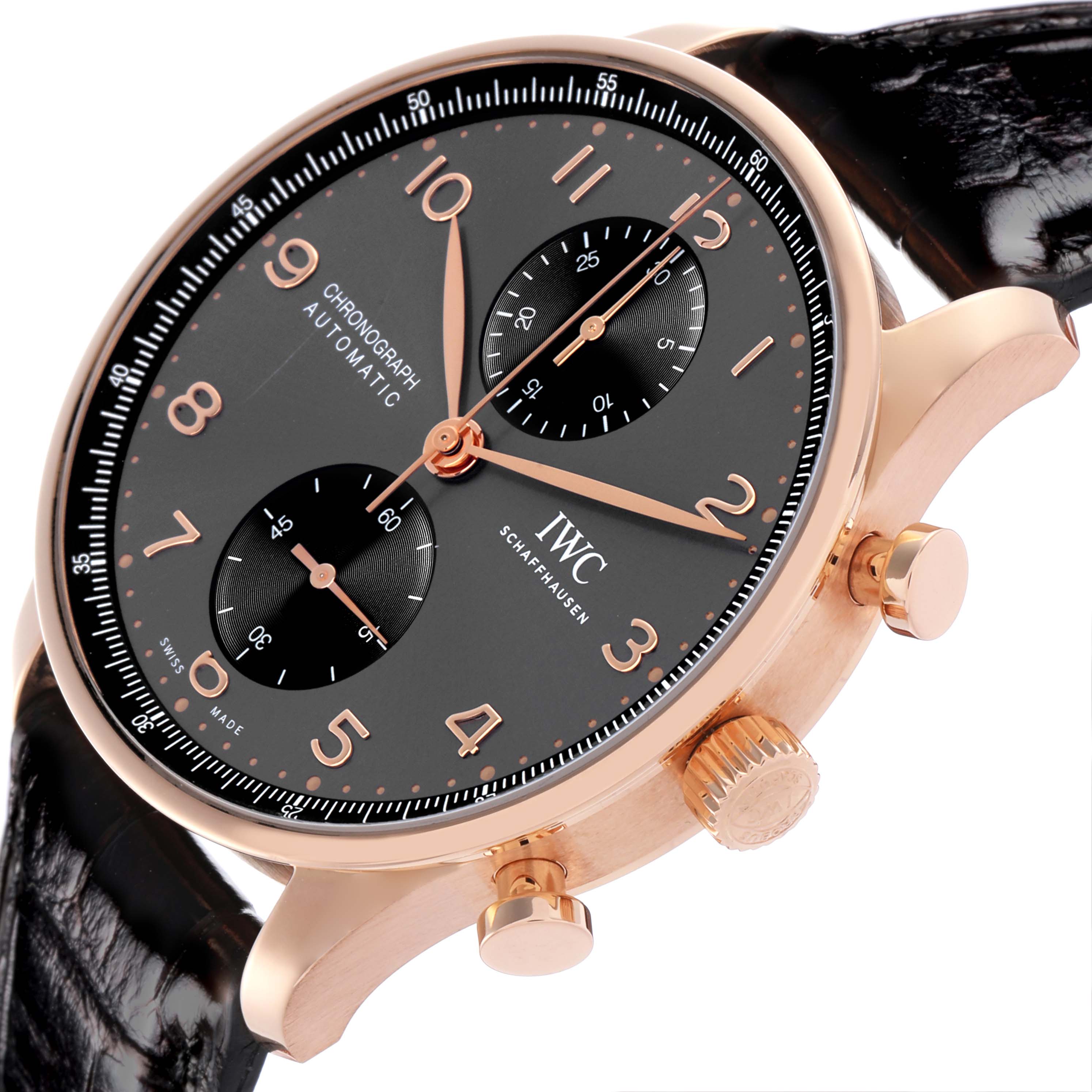 This IWC Portuguese IW371610 Men's Rose Gold Grey Dial IW371610 Men's Rose Gold Grey Dial model watch is shown at a tilted angle, highlighting the dial, crown, and pushers.