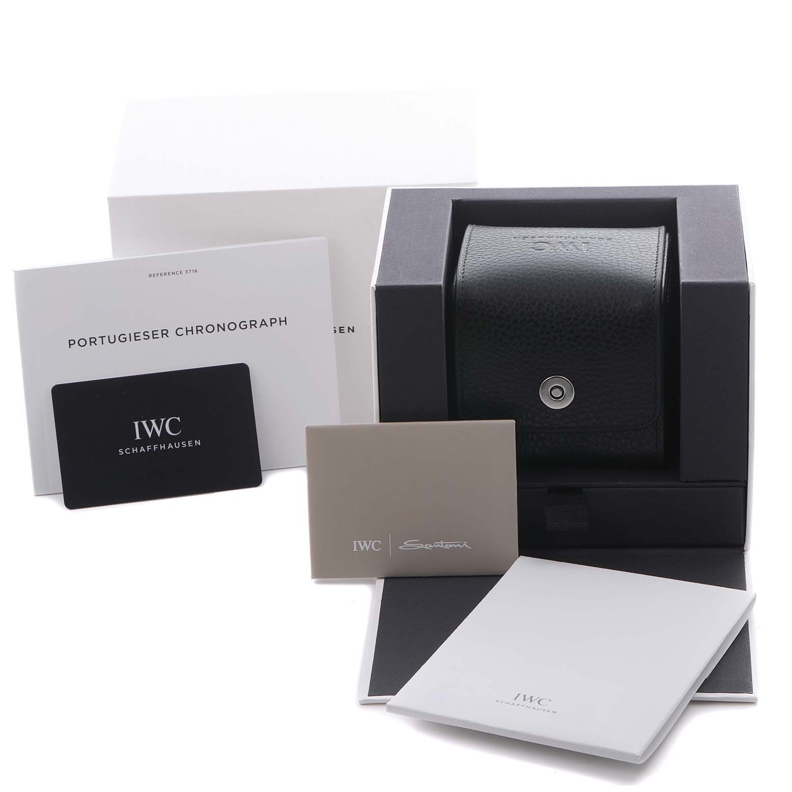 The image shows the packaging and accessories for the IWC Portuguese IW371610 Men's Rose Gold Grey Dial IW371610 Men's Rose Gold Grey Dial model, including manuals, cards, and a watch case.