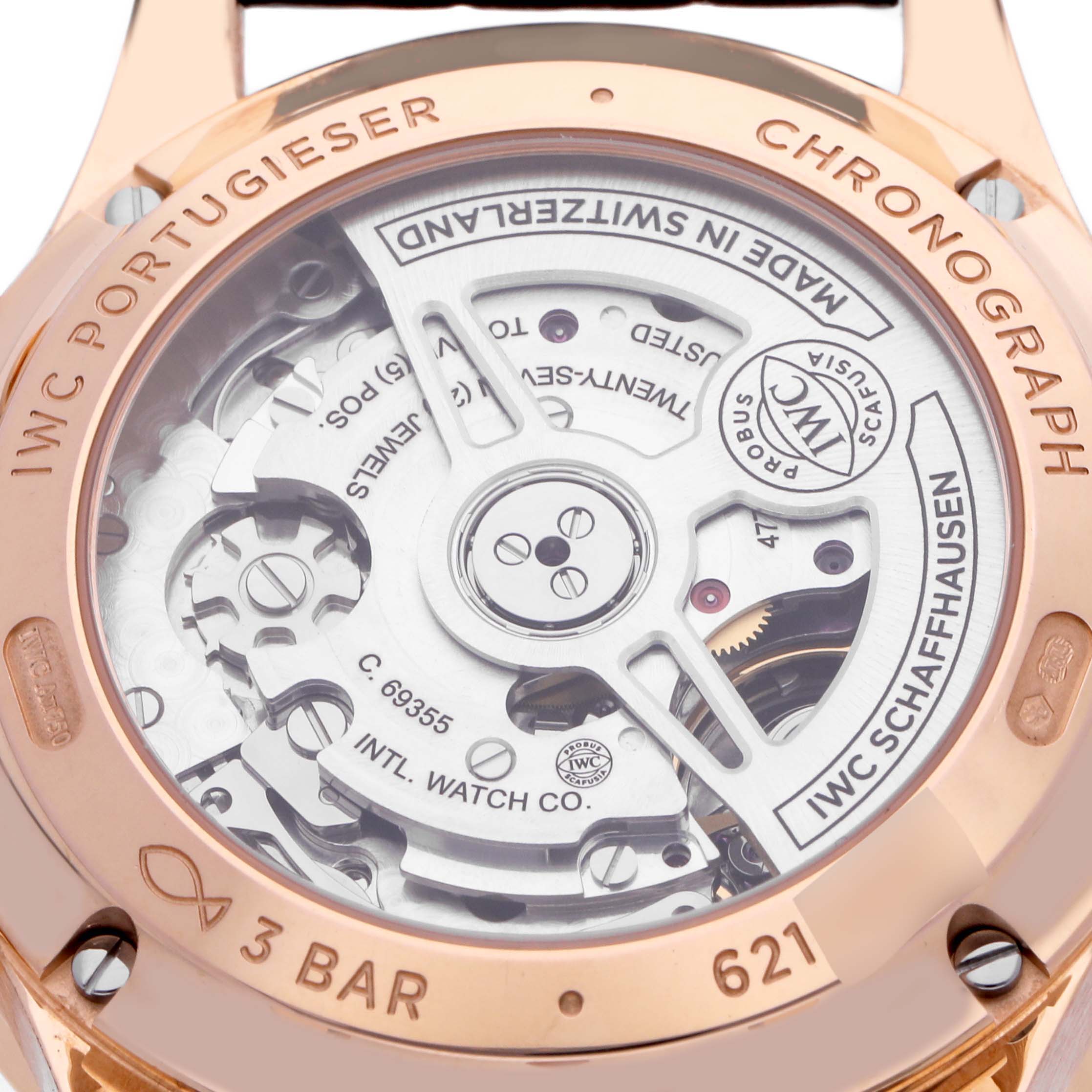 The image shows the case back of the IWC Portuguese IW371610 Men's Rose Gold Grey Dial IW371610 Men's Rose Gold Grey Dial watch featuring the movement and engravings.