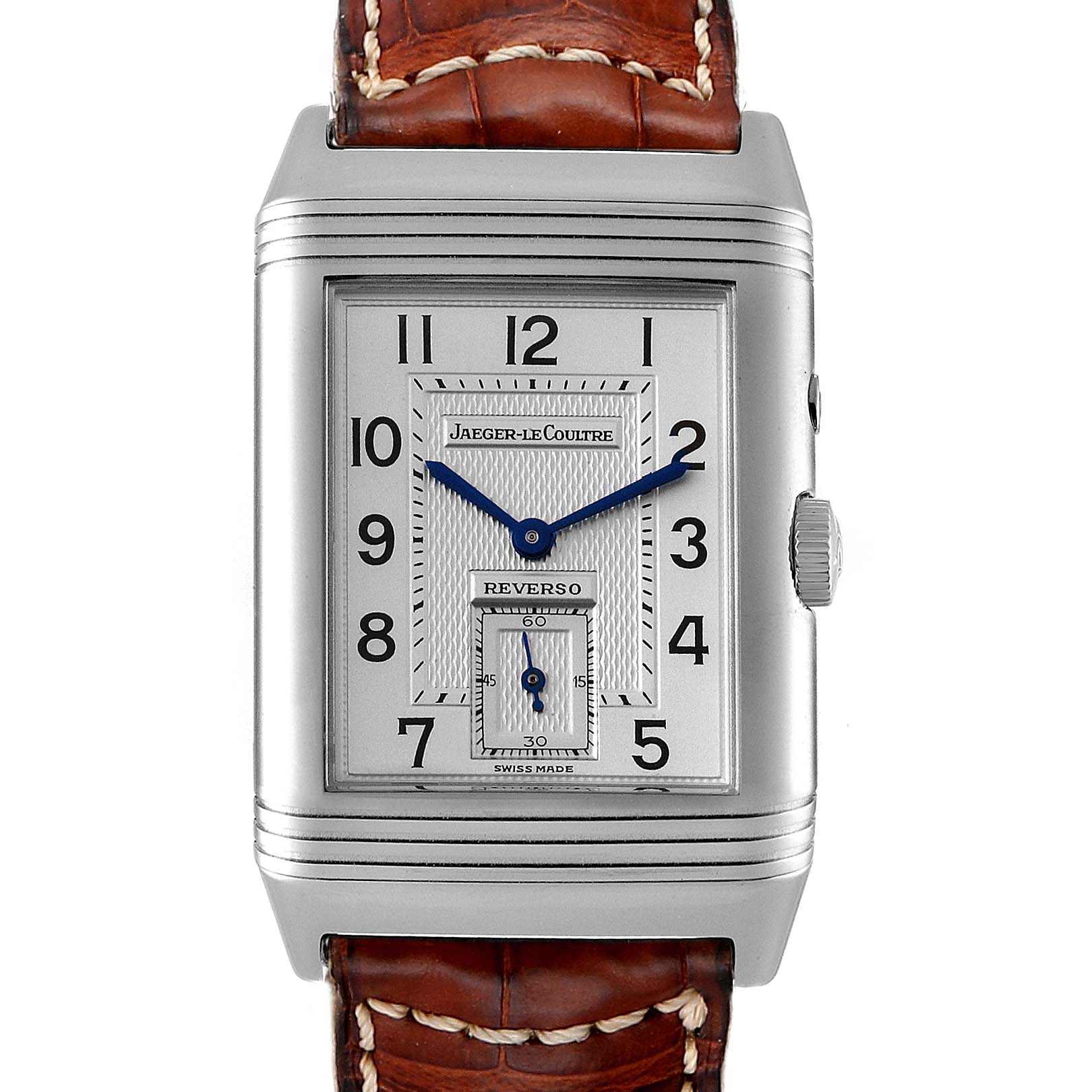 This image shows a front view of the Jaeger-LeCoultre Reverso watch, including its face, case, and brown leather strap.