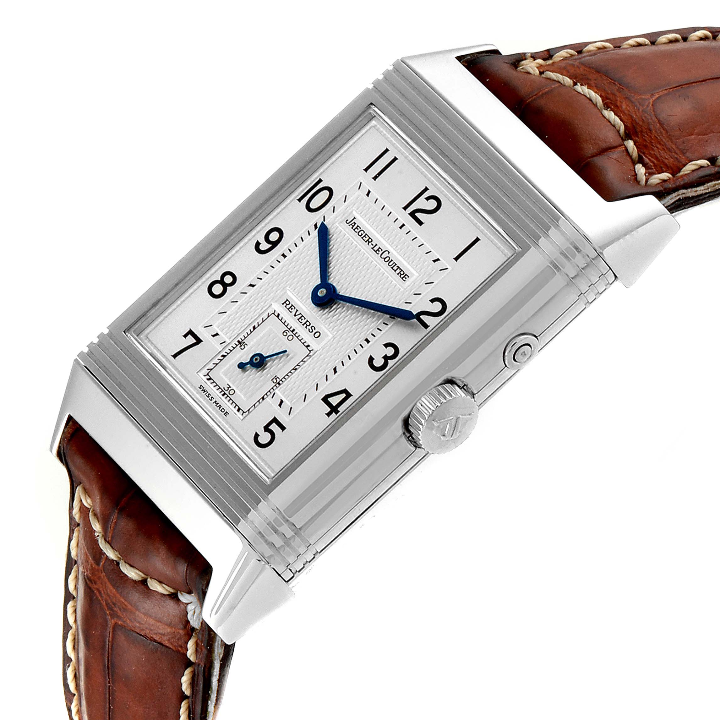 The image shows a close-up of the Jaeger LeCoultre Reverso Q270854 Men
s Stainless Steel Silver Dial Q270854 Men
s Stainless Steel Silver Dial watch, highlighting the face, casing, crown, and brown leather strap.