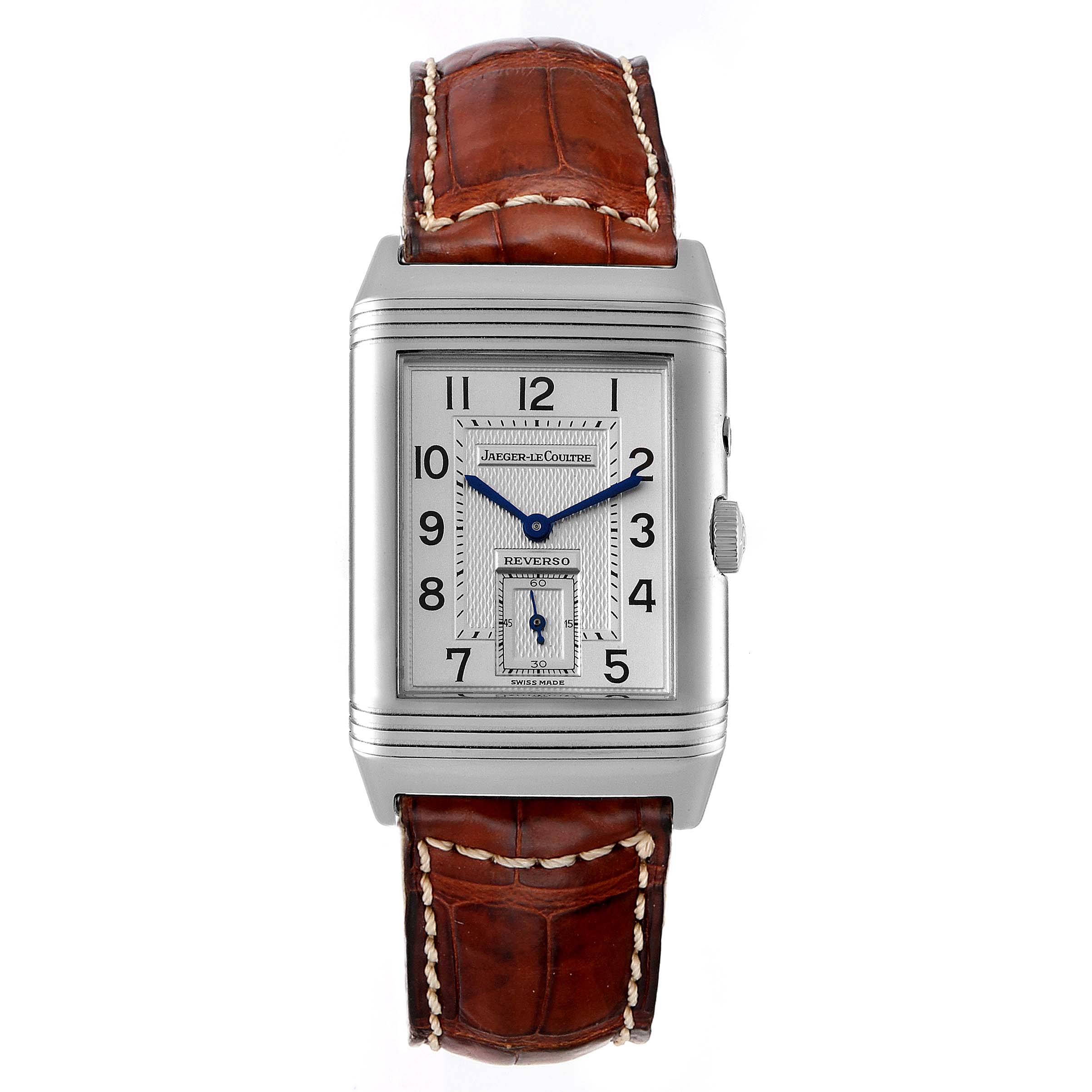 The image shows a front view of the Jaeger LeCoultre Reverso Q270854 Men
s Stainless Steel Silver Dial Q270854 Men
s Stainless Steel Silver Dial watch, revealing its face, crown, and brown leather strap.