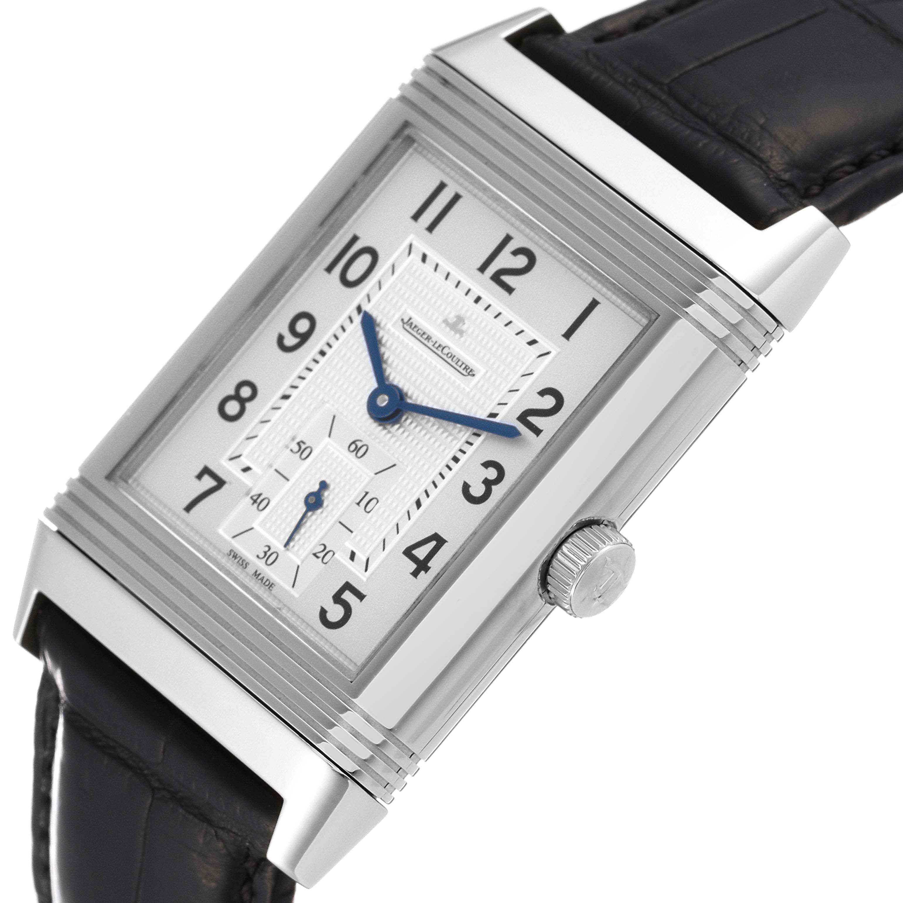 This image shows a close-up, angled view of a Jaeger LeCoultre Reverso Q3738420 Men
s Stainless Steel Silver Dial Q3738420 Men
s Stainless Steel Silver Dial watch, highlighting the dial, crown, and part of the leather strap.