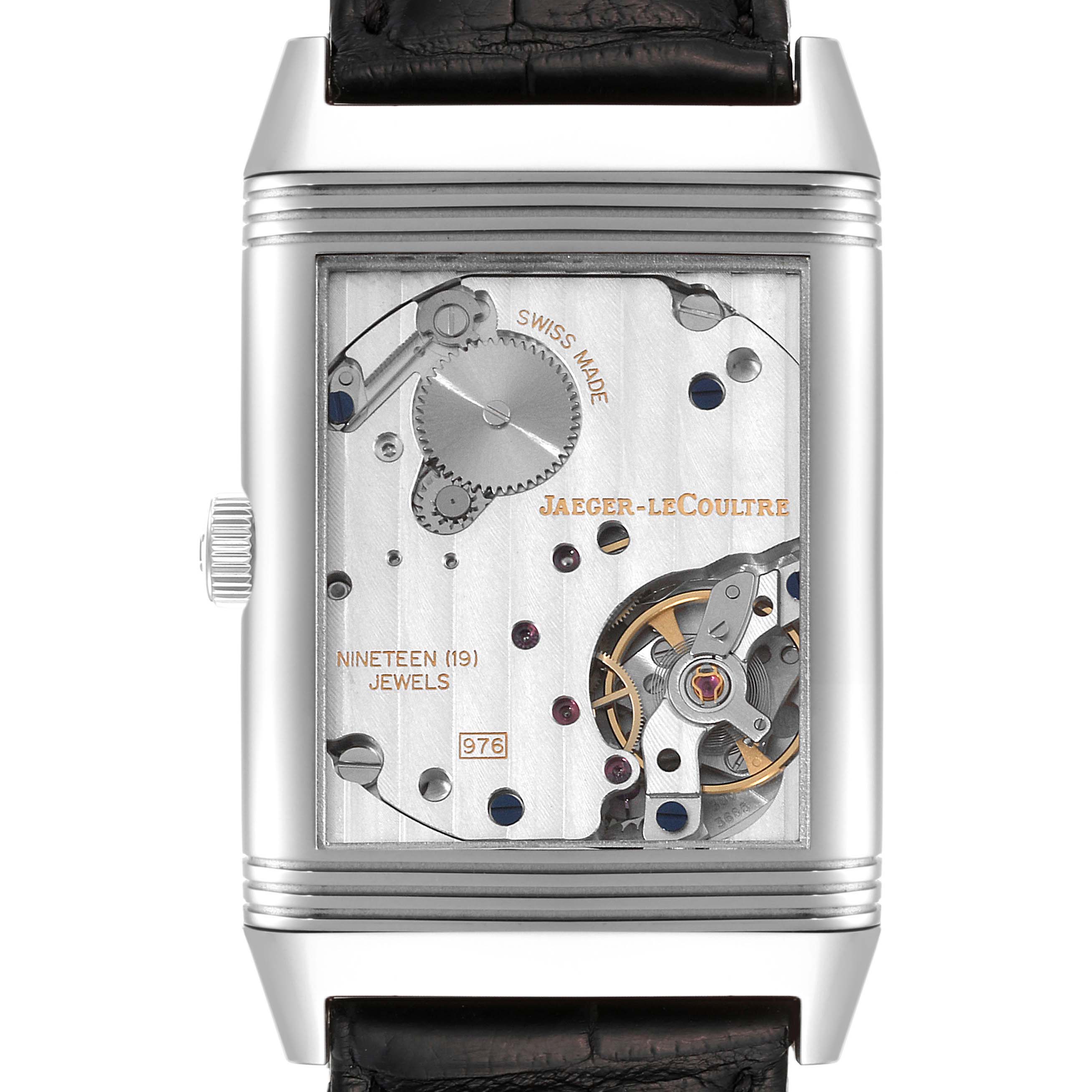 The image shows the back side of a Jaeger LeCoultre Reverso Q3738420 Men
s Stainless Steel Silver Dial Q3738420 Men
s Stainless Steel Silver Dial watch, revealing its intricate mechanical movement.