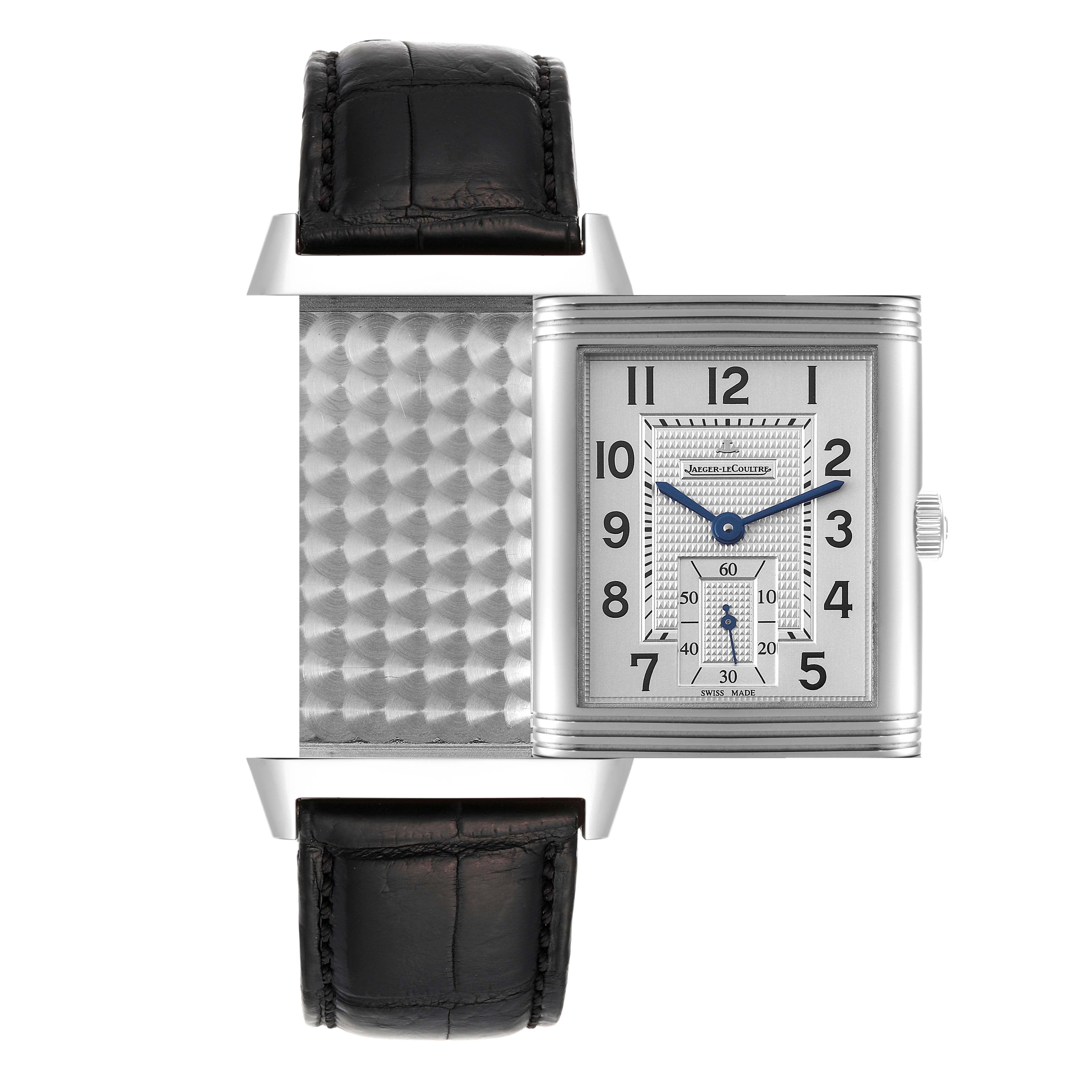 This image shows a Jaeger LeCoultre Reverso Q3738420 Men
s Stainless Steel Silver Dial Q3738420 Men
s Stainless Steel Silver Dial watch with its case flipped to reveal the back surface and the watch face.