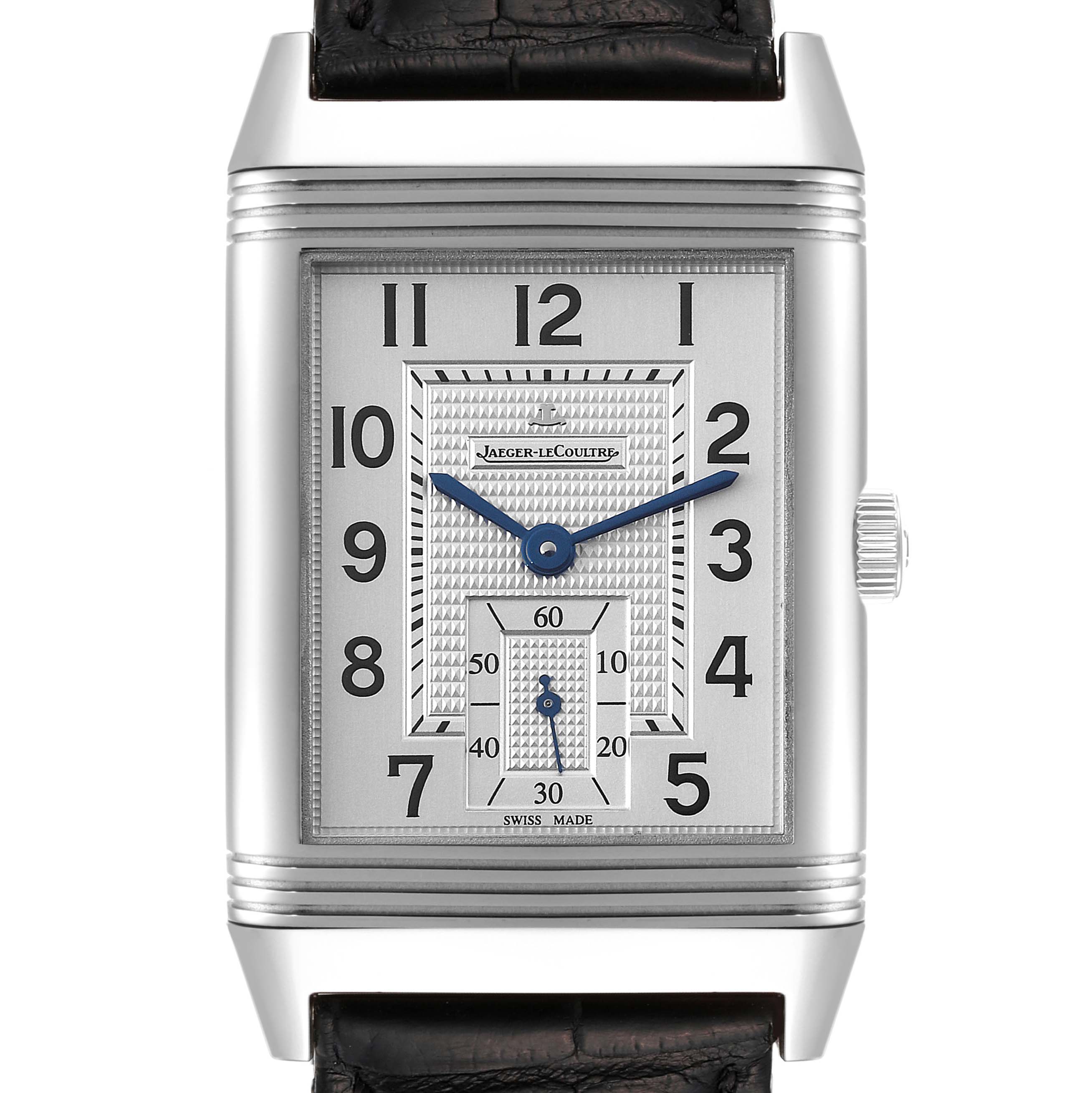 This is a front view of a Jaeger-LeCoultre Reverso watch, showcasing its rectangular dial, numerals, and blue hands.