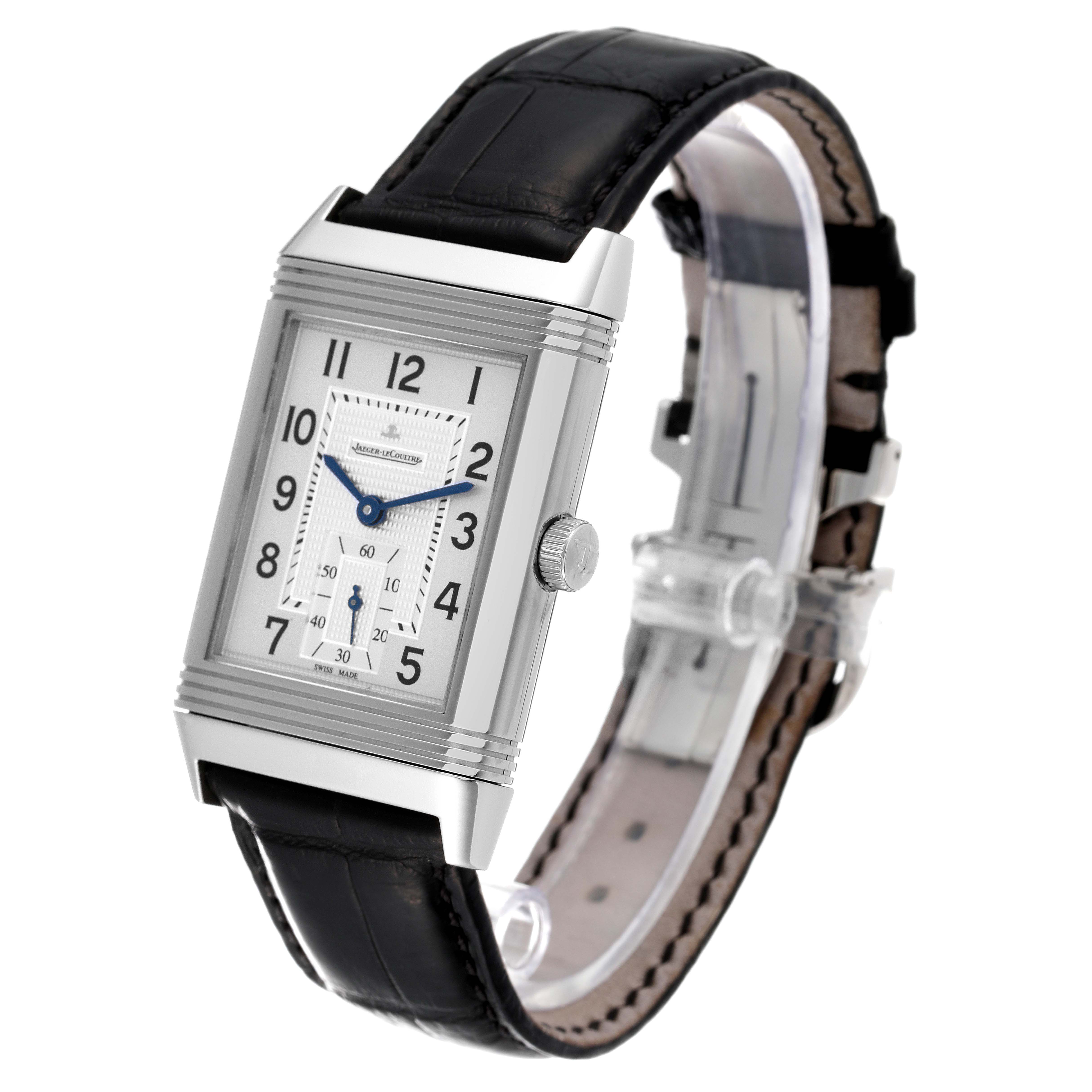 The Jaeger-LeCoultre Reverso model watch is shown at a slight angle, highlighting the face, dial, and leather strap.