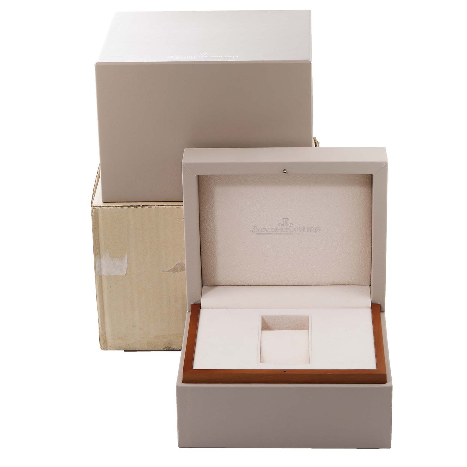 The image shows an open watch box for the Jaeger LeCoultre Reverso Q3738420 Men
s Stainless Steel Silver Dial Q3738420 Men
s Stainless Steel Silver Dial, displaying the inner compartments.