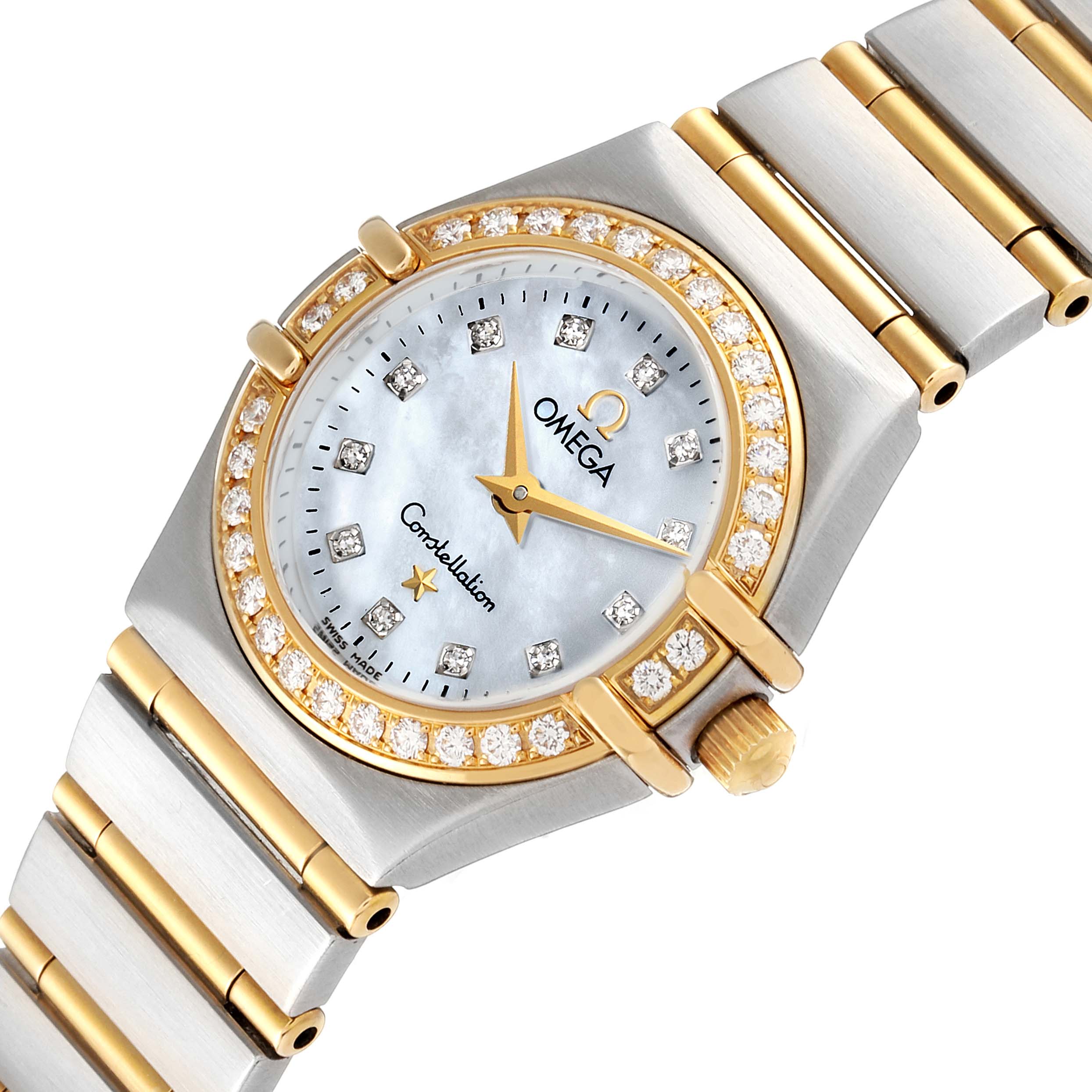 The Omega 1267.75.00 Women's Steel and Gold (two tone) Mother of Pearl Dial 1267.75.00 Women's Steel and Gold (two tone) Mother of Pearl Dial Constellation 95 Mother of Pearl Diamond Ladies Watch 1267.75.00 is shown at a slight angle, highlighting the face and band.