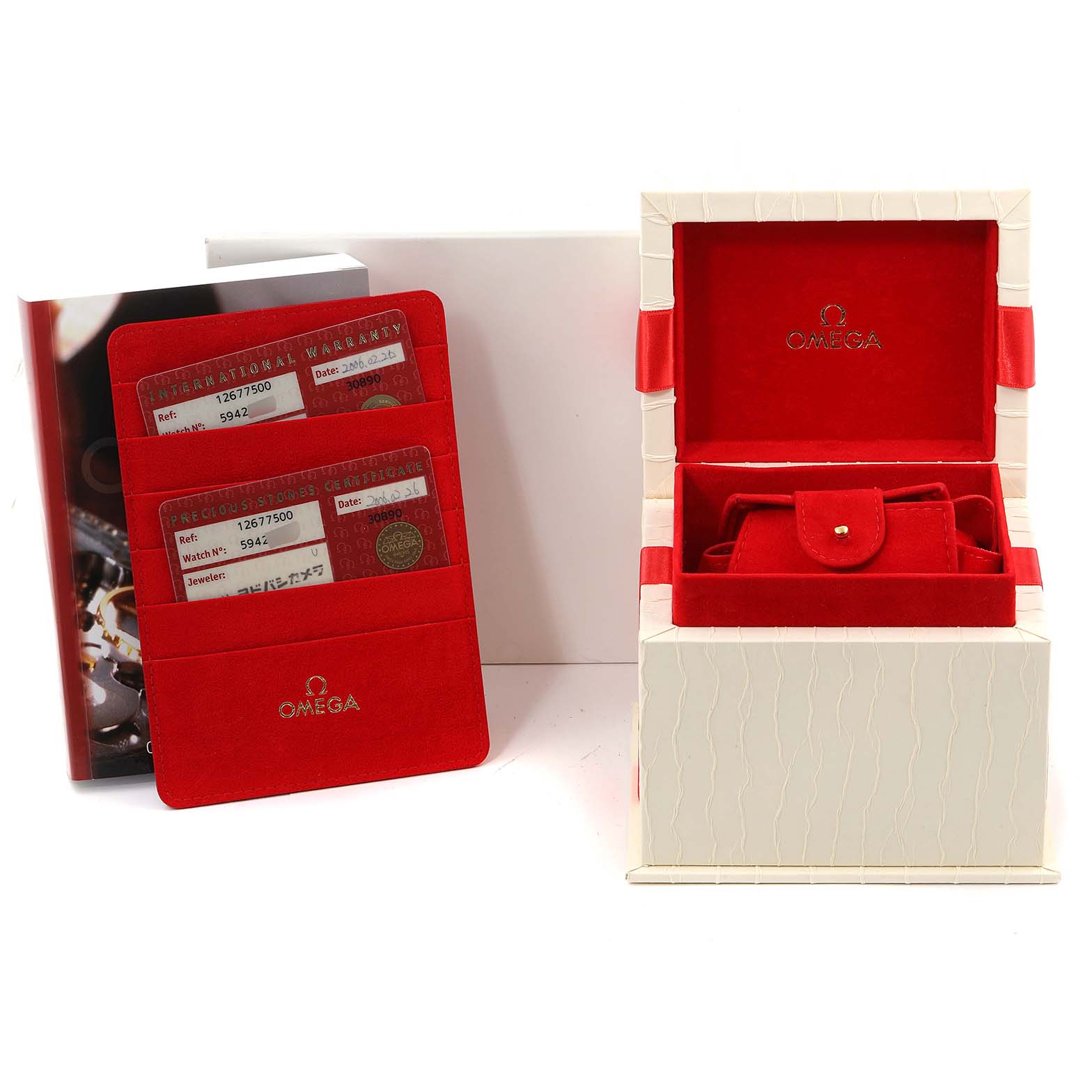 The image shows the packaging and documentation (box, card, and booklet) for the Omega 1267.75.00 Women's Steel and Gold (two tone) Mother of Pearl Dial 1267.75.00 Women's Steel and Gold (two tone) Mother of Pearl Dial Constellation 95 Mother of Pearl Diamond Ladies Watch 1267.75.00.