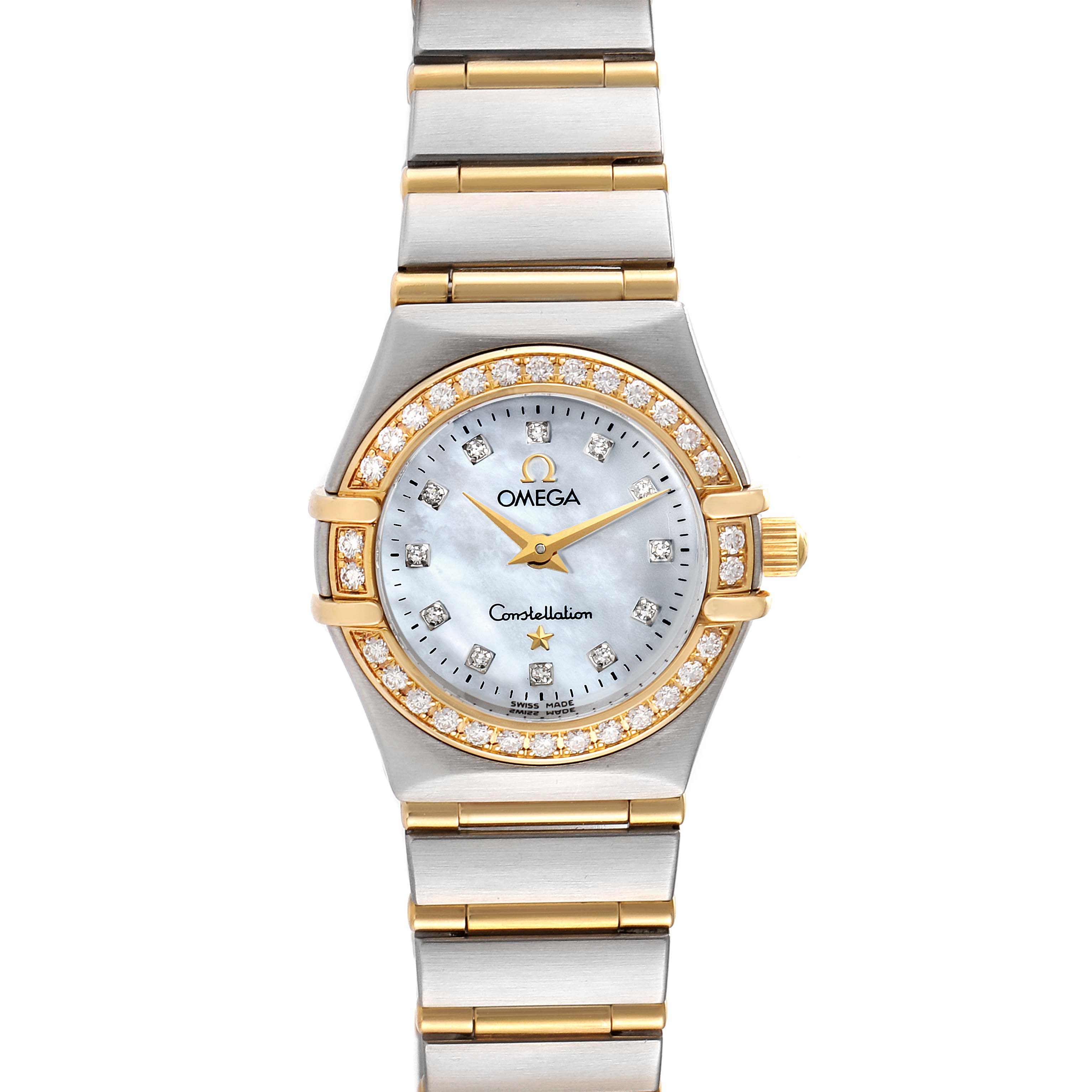 This image shows a front view of the Omega 1267.75.00 Women's Steel and Gold (two tone) Mother of Pearl Dial 1267.75.00 Women's Steel and Gold (two tone) Mother of Pearl Dial Constellation 95 Mother of Pearl Diamond Ladies Watch 1267.75.00.