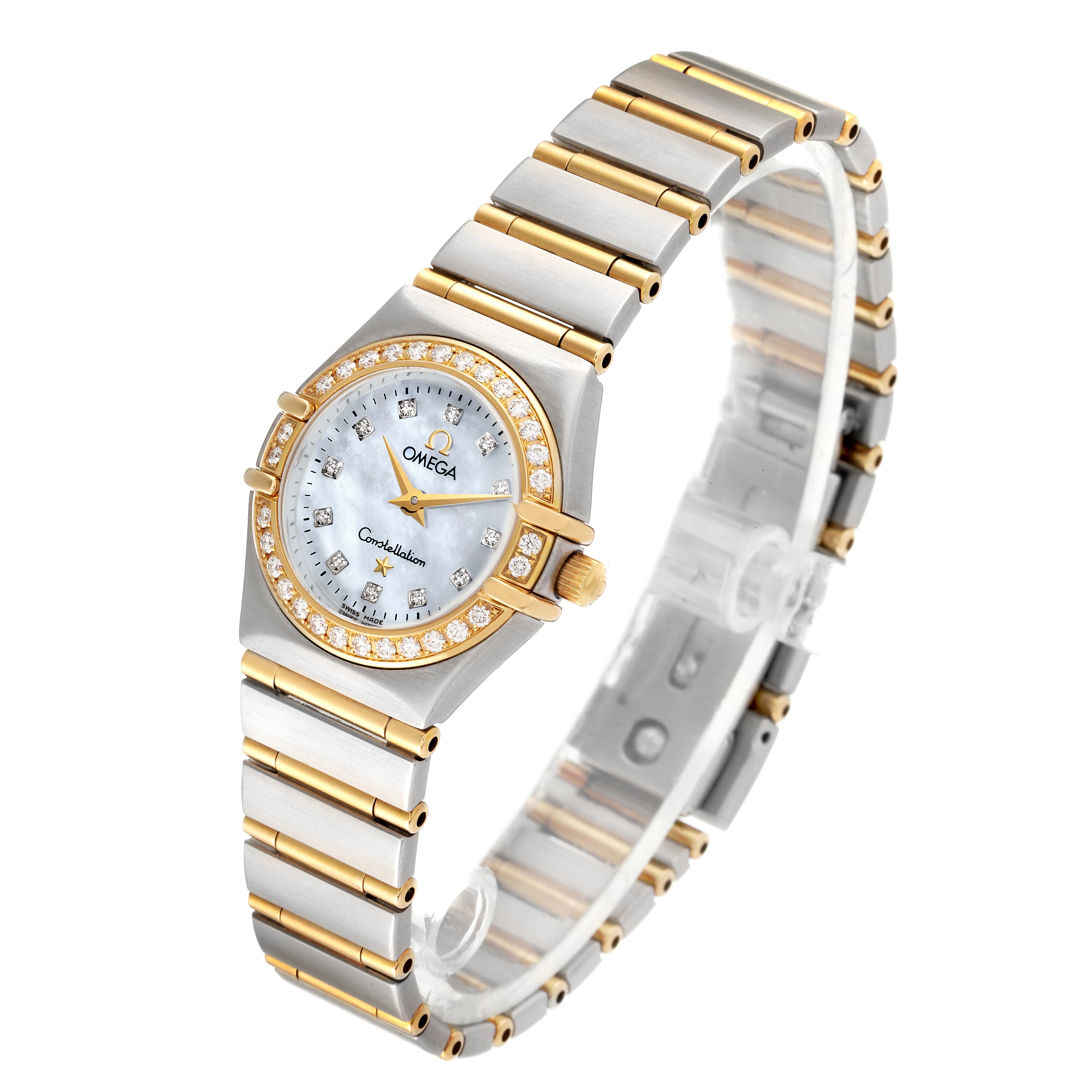 The Omega 1267.75.00 Women's Steel and Gold (two tone) Mother of Pearl Dial 1267.75.00 Women's Steel and Gold (two tone) Mother of Pearl Dial Constellation 95 Mother of Pearl Diamond Ladies Watch 1267.75.00 is shown at a three-quarter angle highlighting the face and bracelet.