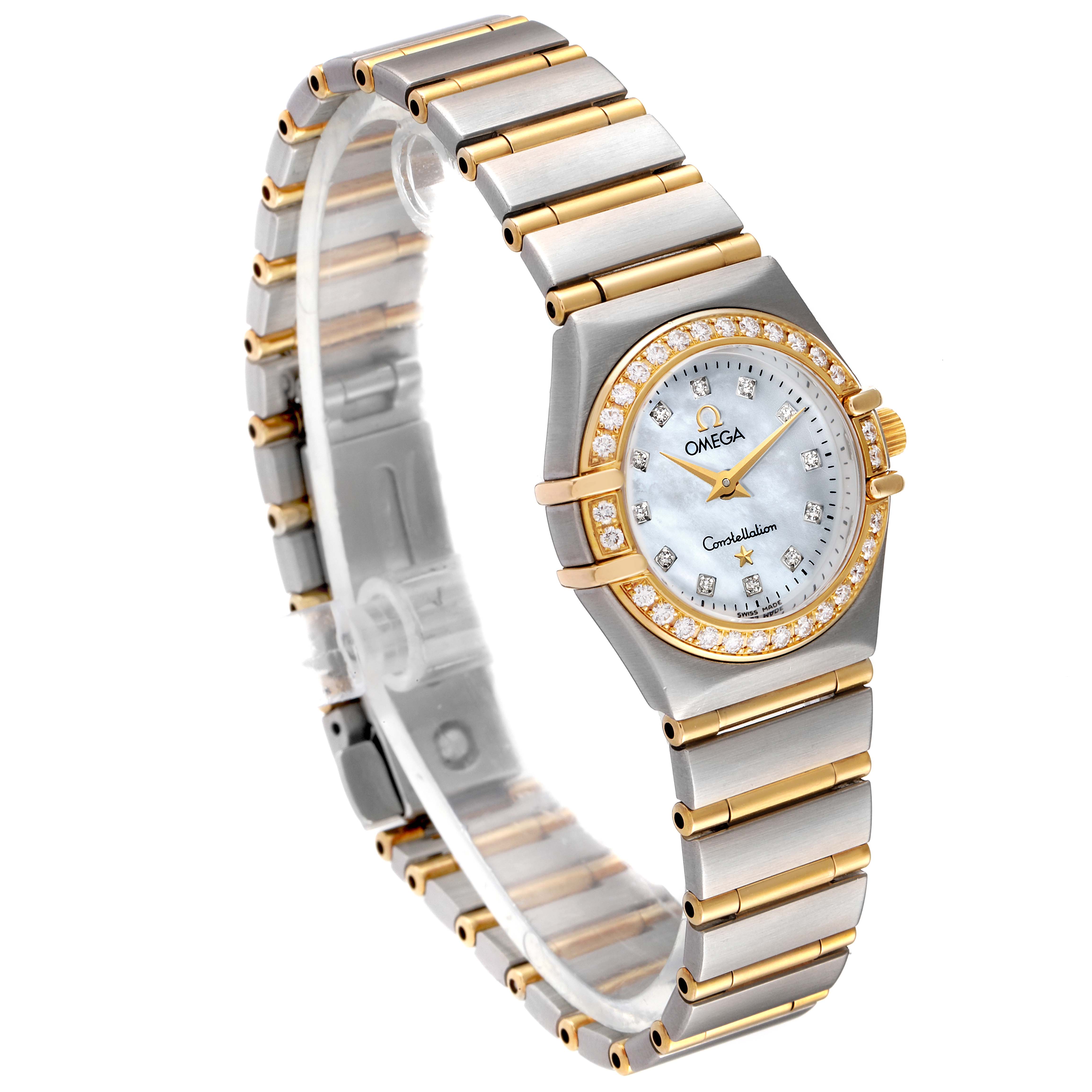 The image shows an Omega 1267.75.00 Women's Steel and Gold (two tone) Mother of Pearl Dial 1267.75.00 Women's Steel and Gold (two tone) Mother of Pearl Dial Constellation 95 Mother of Pearl Diamond Ladies Watch 1267.75.00, angled from the front-left showcasing the bracelet and dial.