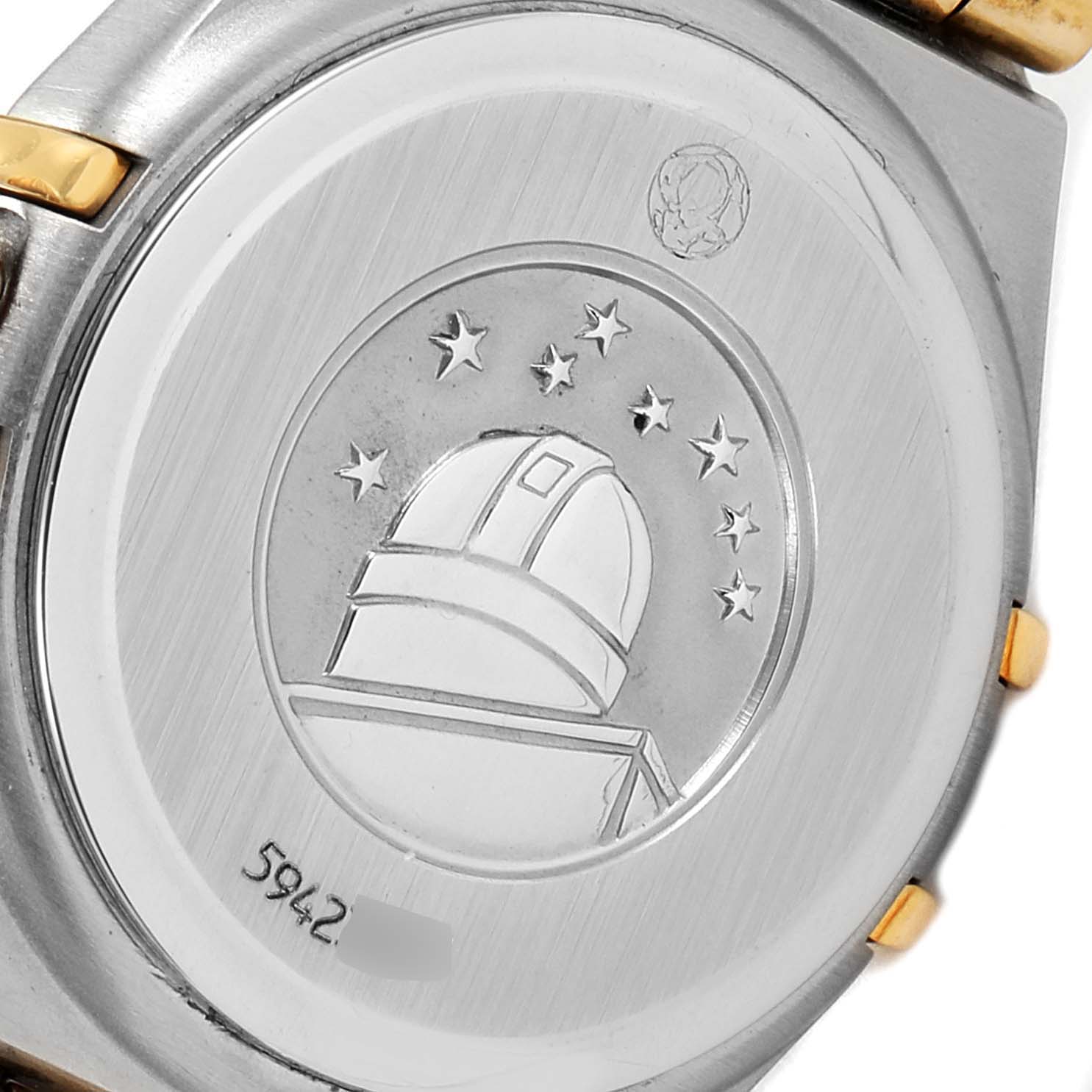 The image shows the back of an Omega 1267.75.00 Women's Steel and Gold (two tone) Mother of Pearl Dial 1267.75.00 Women's Steel and Gold (two tone) Mother of Pearl Dial Constellation 95 Mother of Pearl Diamond Ladies Watch 1267.75.00.