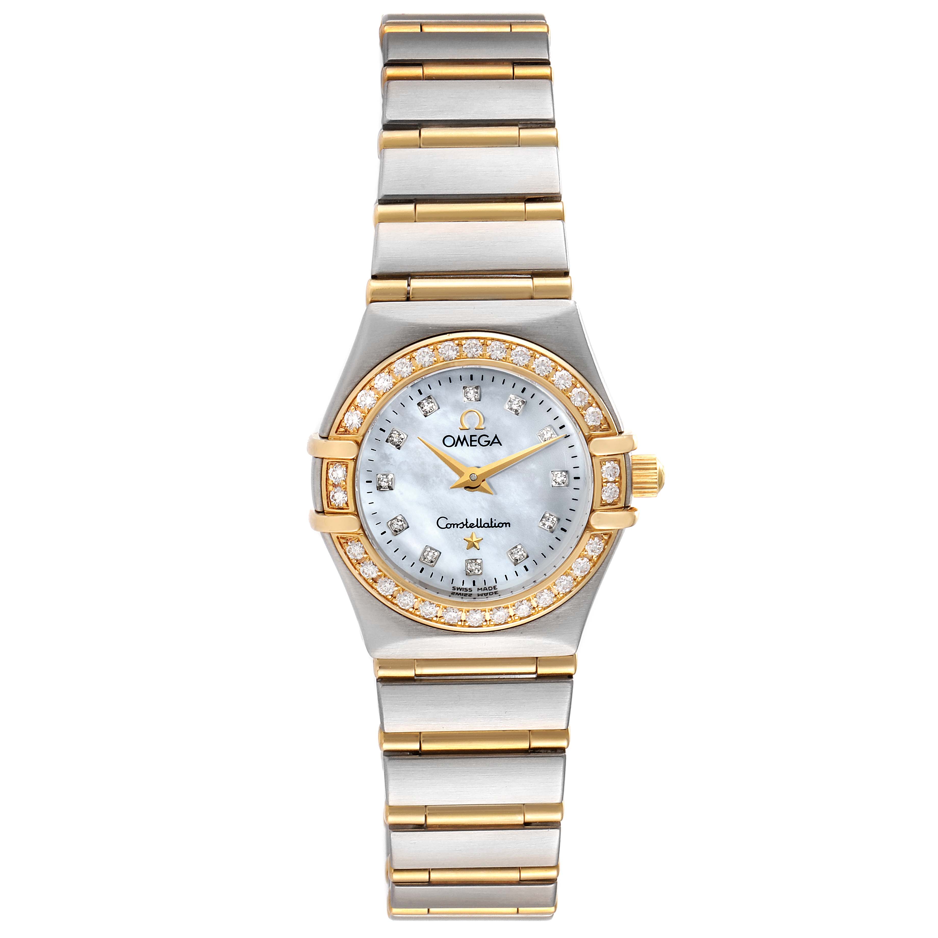 The image shows a front view of the Omega 1267.75.00 Women's Steel and Gold (two tone) Mother of Pearl Dial 1267.75.00 Women's Steel and Gold (two tone) Mother of Pearl Dial Constellation 95 Mother of Pearl Diamond Ladies Watch 1267.75.00.