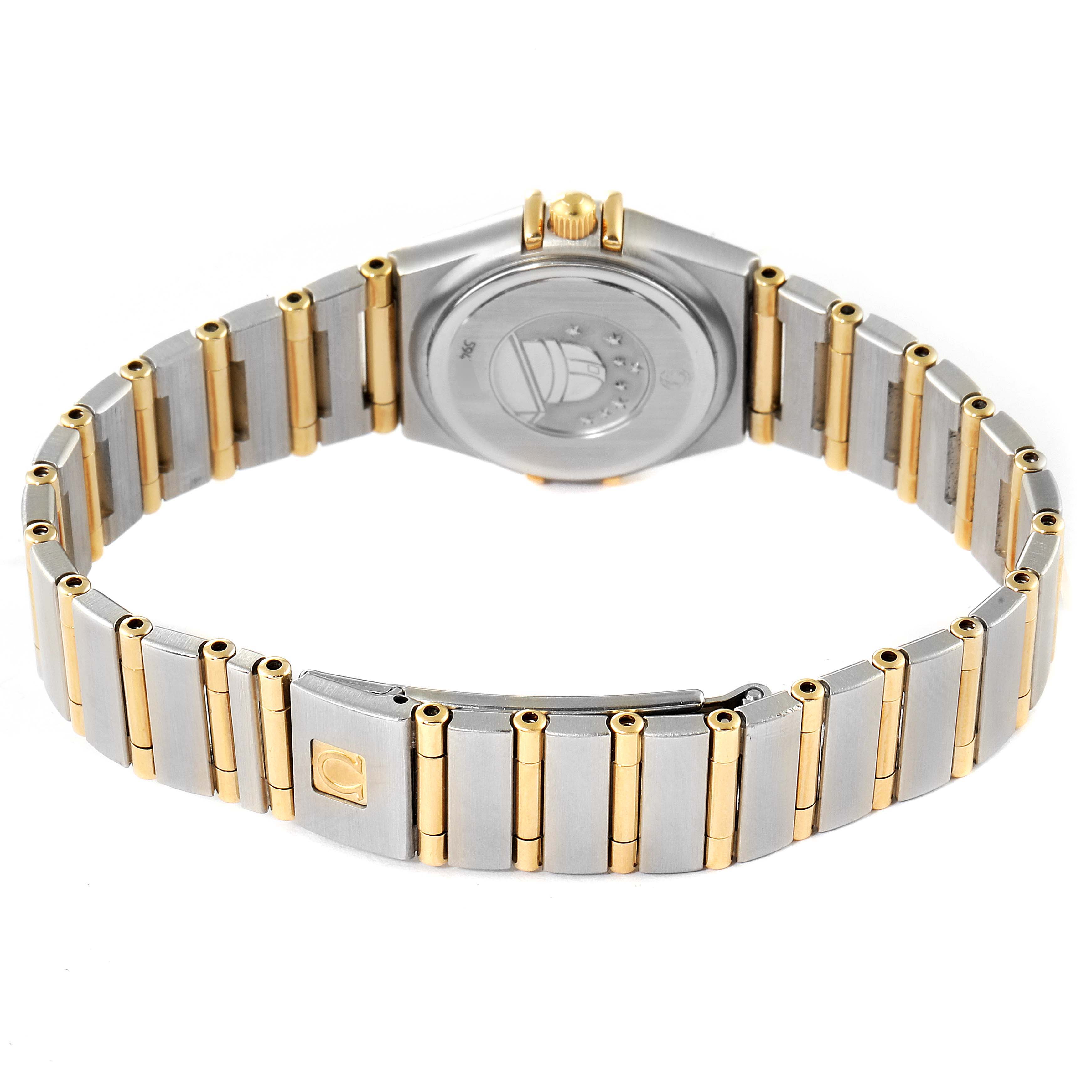 The image shows the back and bracelet of the Omega 1267.75.00 Women's Steel and Gold (two tone) Mother of Pearl Dial 1267.75.00 Women's Steel and Gold (two tone) Mother of Pearl Dial Constellation 95 Mother of Pearl Diamond Ladies Watch 1267.75.00.