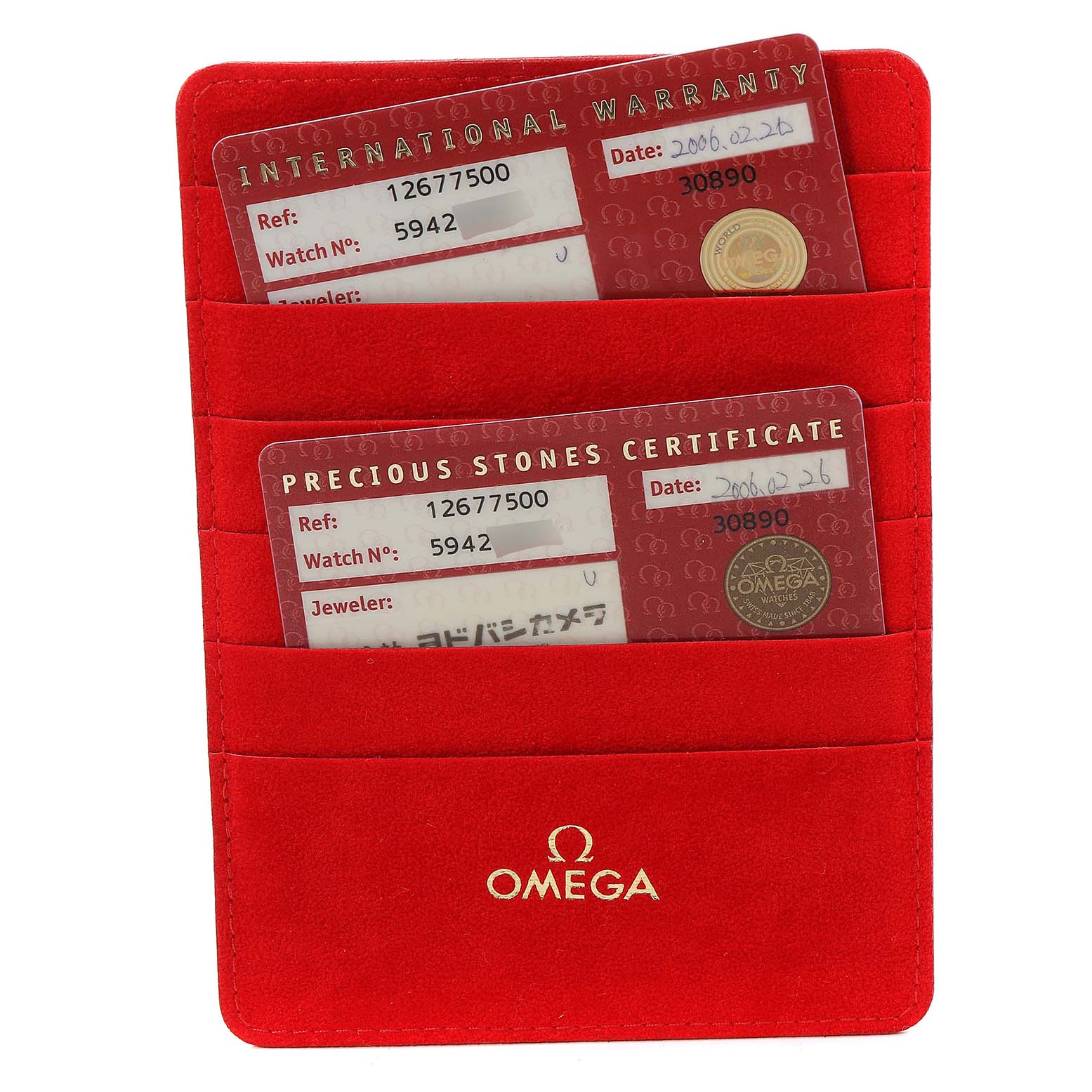 The image shows the international warranty and precious stones certificate for the Omega 1267.75.00 Women's Steel and Gold (two tone) Mother of Pearl Dial 1267.75.00 Women's Steel and Gold (two tone) Mother of Pearl Dial Constellation 95 Mother of Pearl Diamond Ladies Watch 1267.75.00.