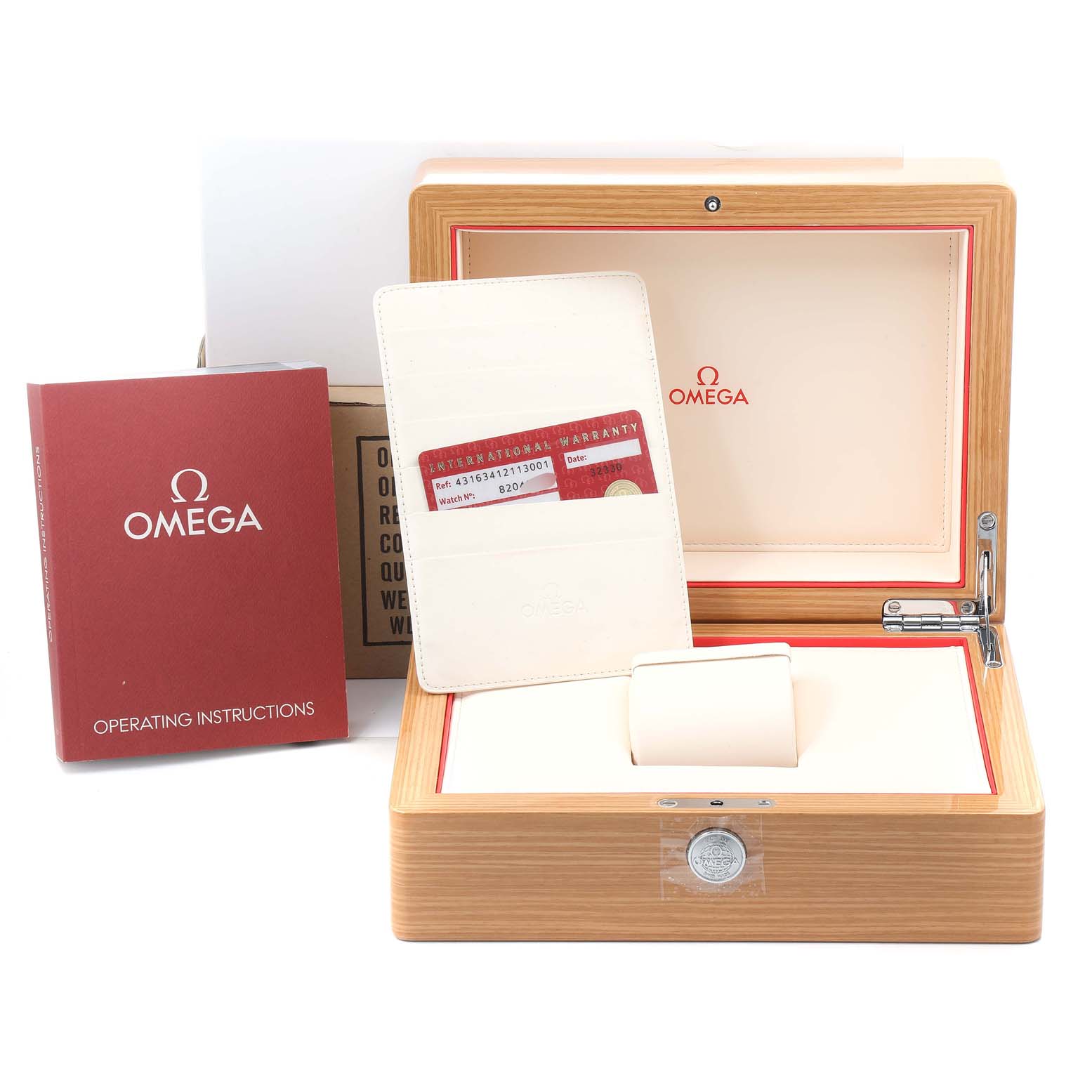The image shows the packaging and accessories for an Omega De Ville 431.63.41.21.13.001 Men's Rose Gold Brown Dial 431.63.41.21.13.001 Men's Rose Gold Brown Dial watch, including the box, instruction manual, and warranty card.