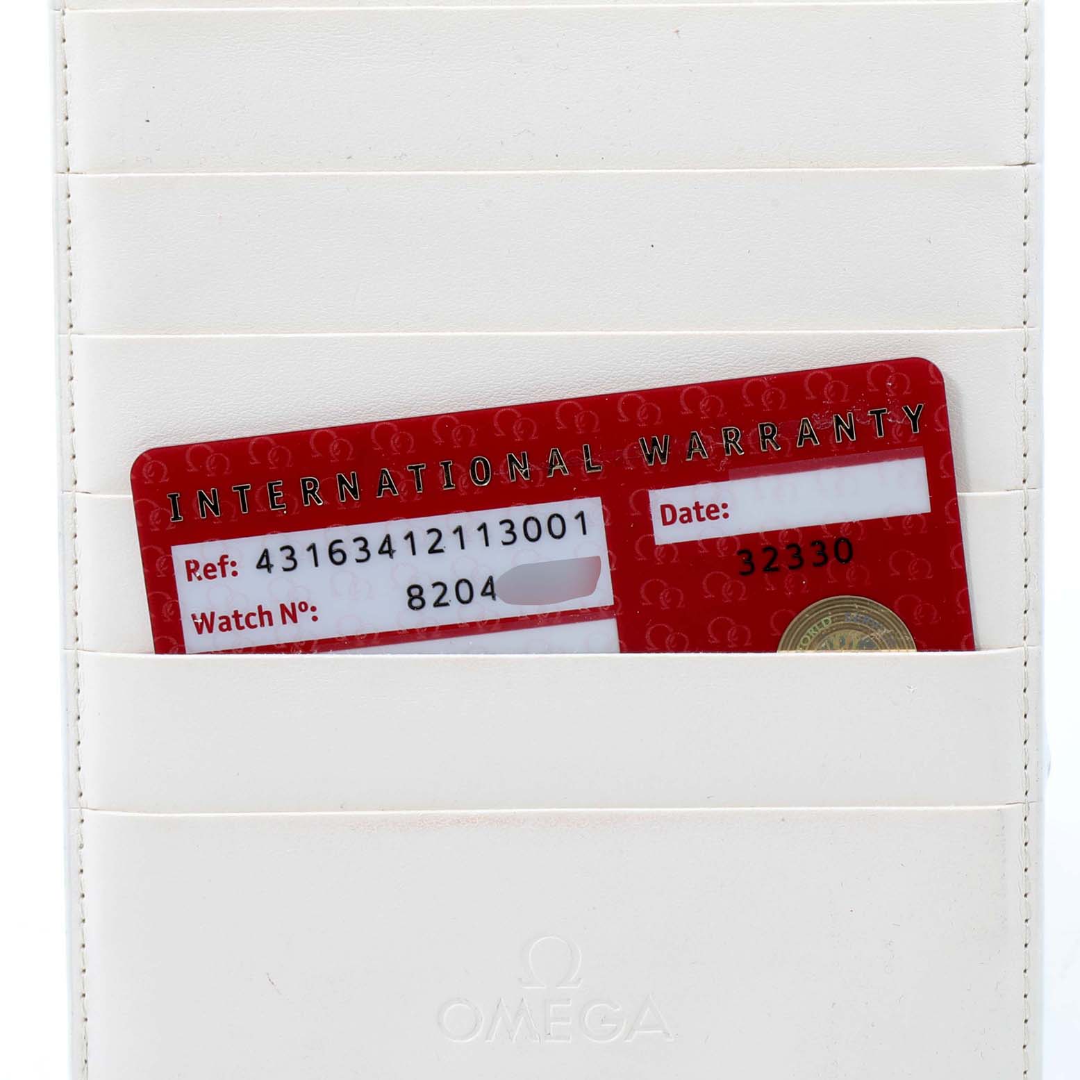 The image shows the international warranty card and holder for an Omega De Ville 431.63.41.21.13.001 Men's Rose Gold Brown Dial 431.63.41.21.13.001 Men's Rose Gold Brown Dial watch.