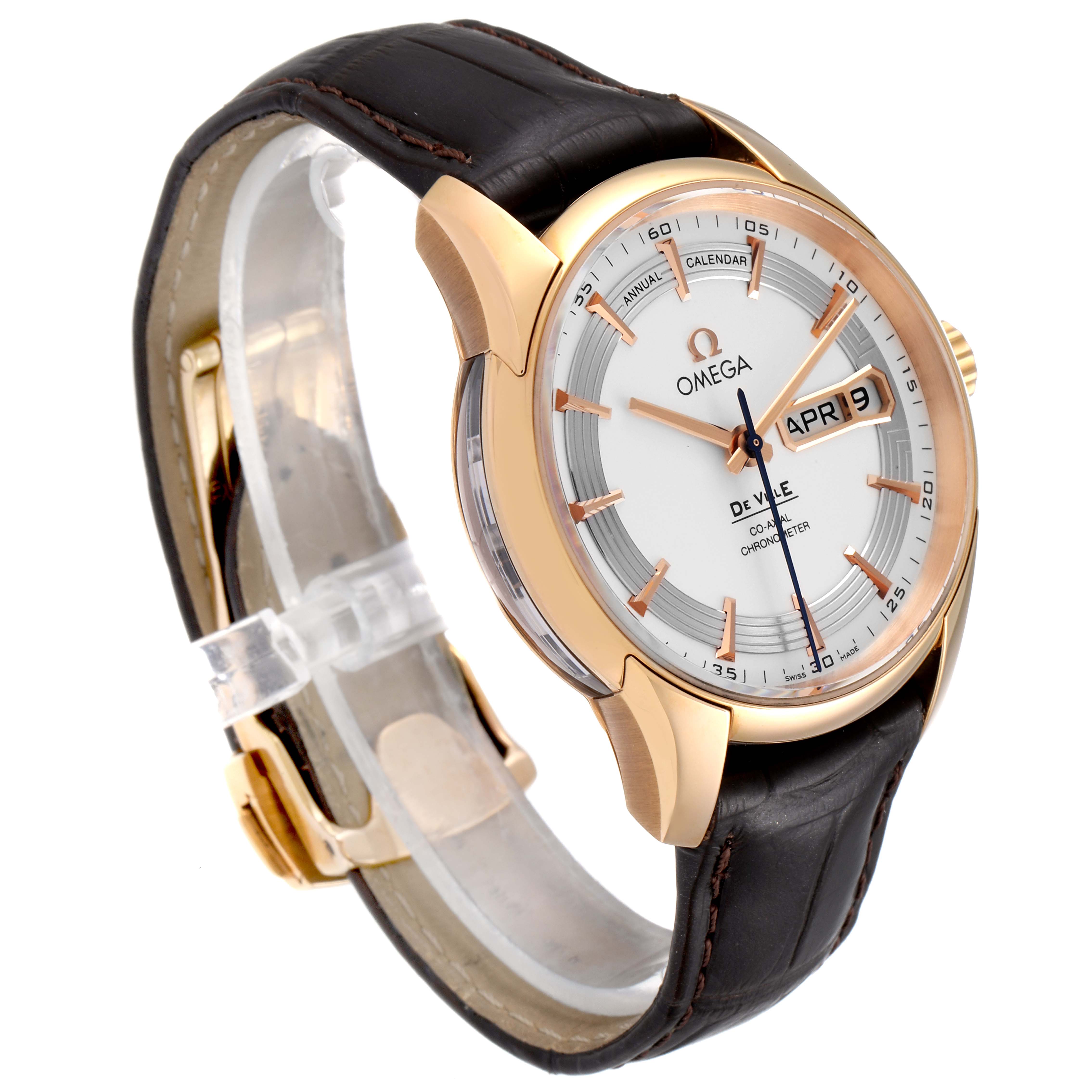The image shows an Omega De Ville 431.63.41.22.02.001 Men's Rose Gold Silver Dial 431.63.41.22.02.001 Men's Rose Gold Silver Dial watch at an angled view, highlighting the face, date display, and strap.