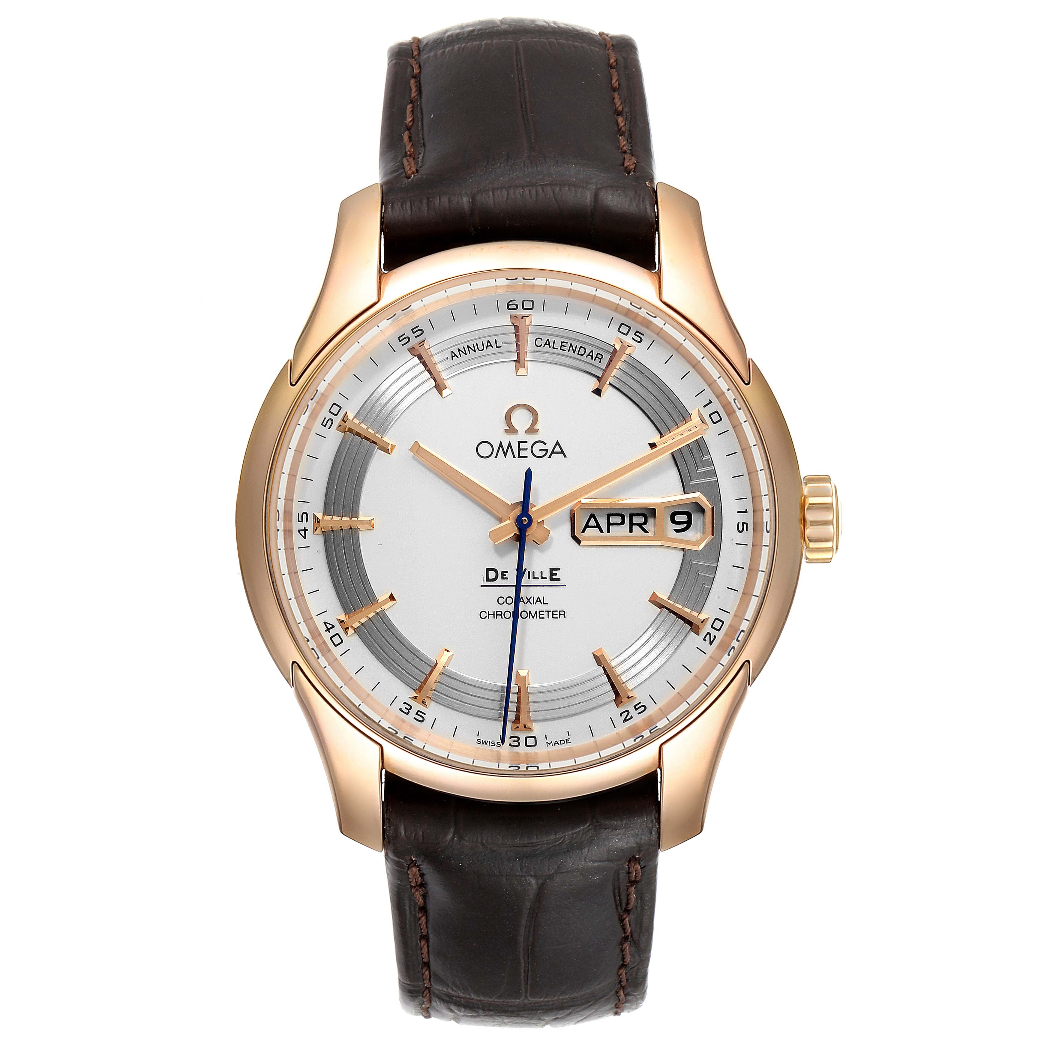 The image shows a front view of an Omega De Ville 431.63.41.22.02.001 Men's Rose Gold Silver Dial 431.63.41.22.02.001 Men's Rose Gold Silver Dial watch, displaying the dial, date, hands, and leather strap.