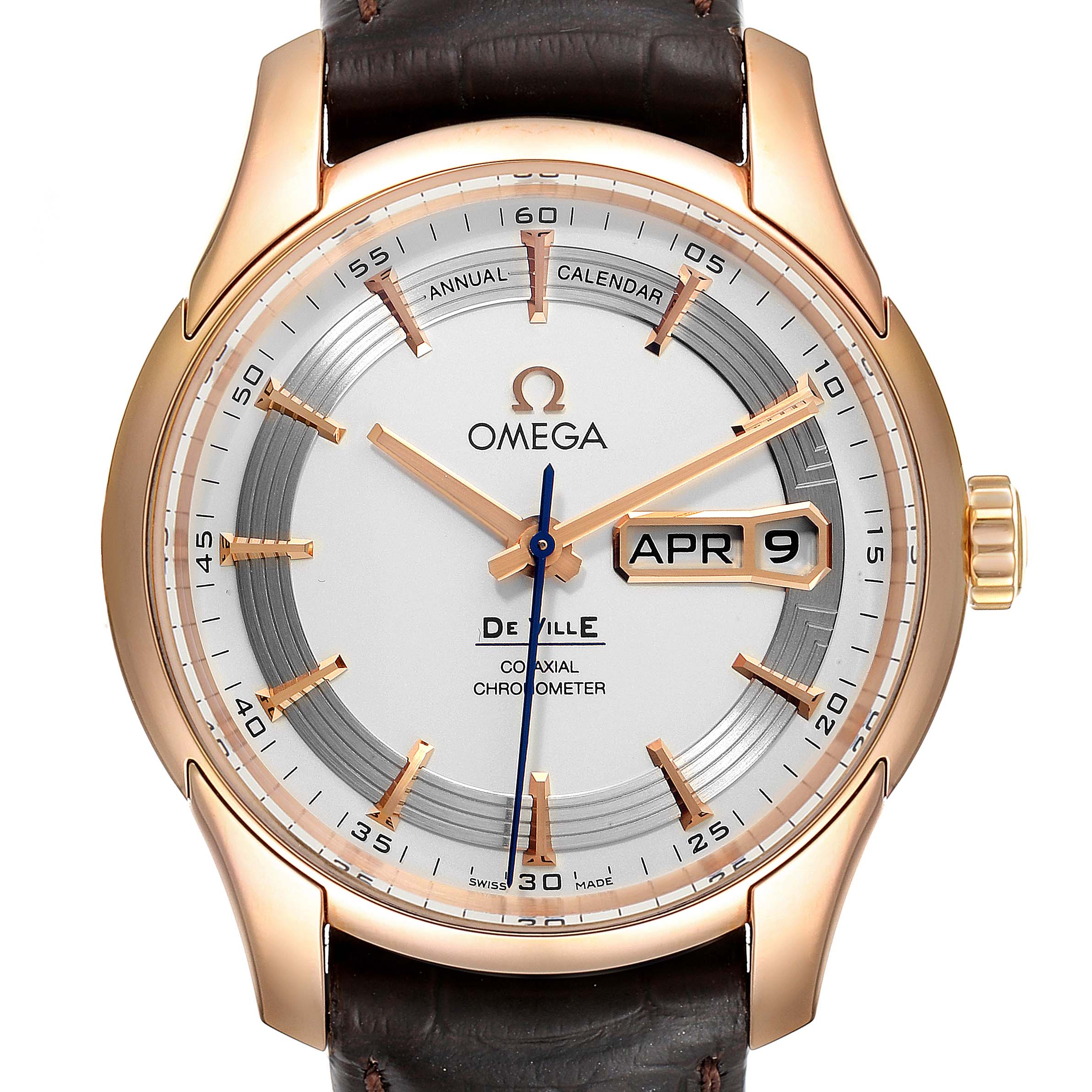 The image shows a frontal view of an Omega De Ville 431.63.41.22.02.001 Men's Rose Gold Silver Dial 431.63.41.22.02.001 Men's Rose Gold Silver Dial watch, displaying the face, hour markers, hands, and date window.