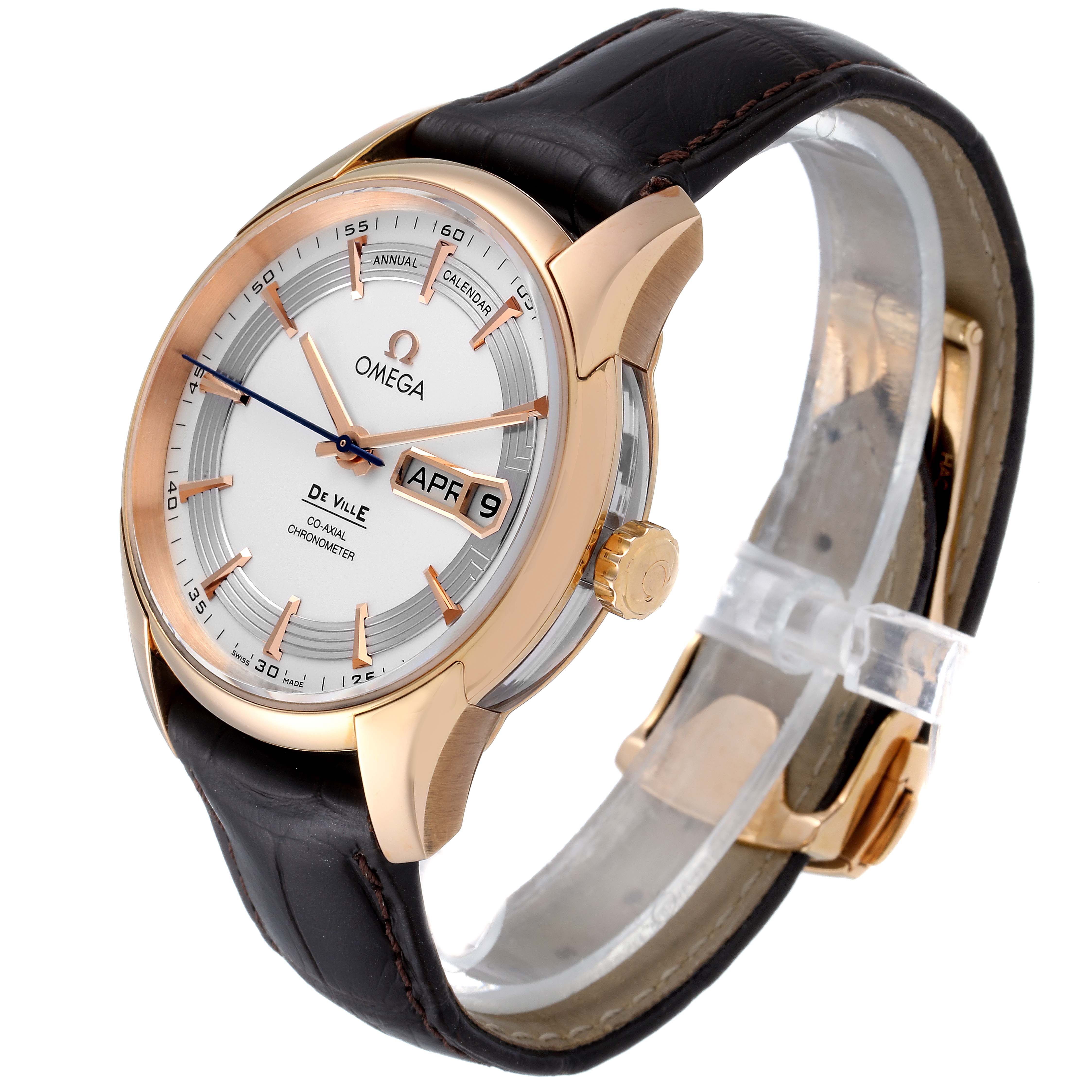 This image shows a side angle of the Omega De Ville 431.63.41.22.02.001 Men's Rose Gold Silver Dial 431.63.41.22.02.001 Men's Rose Gold Silver Dial watch, highlighting the face, crown, and leather strap.