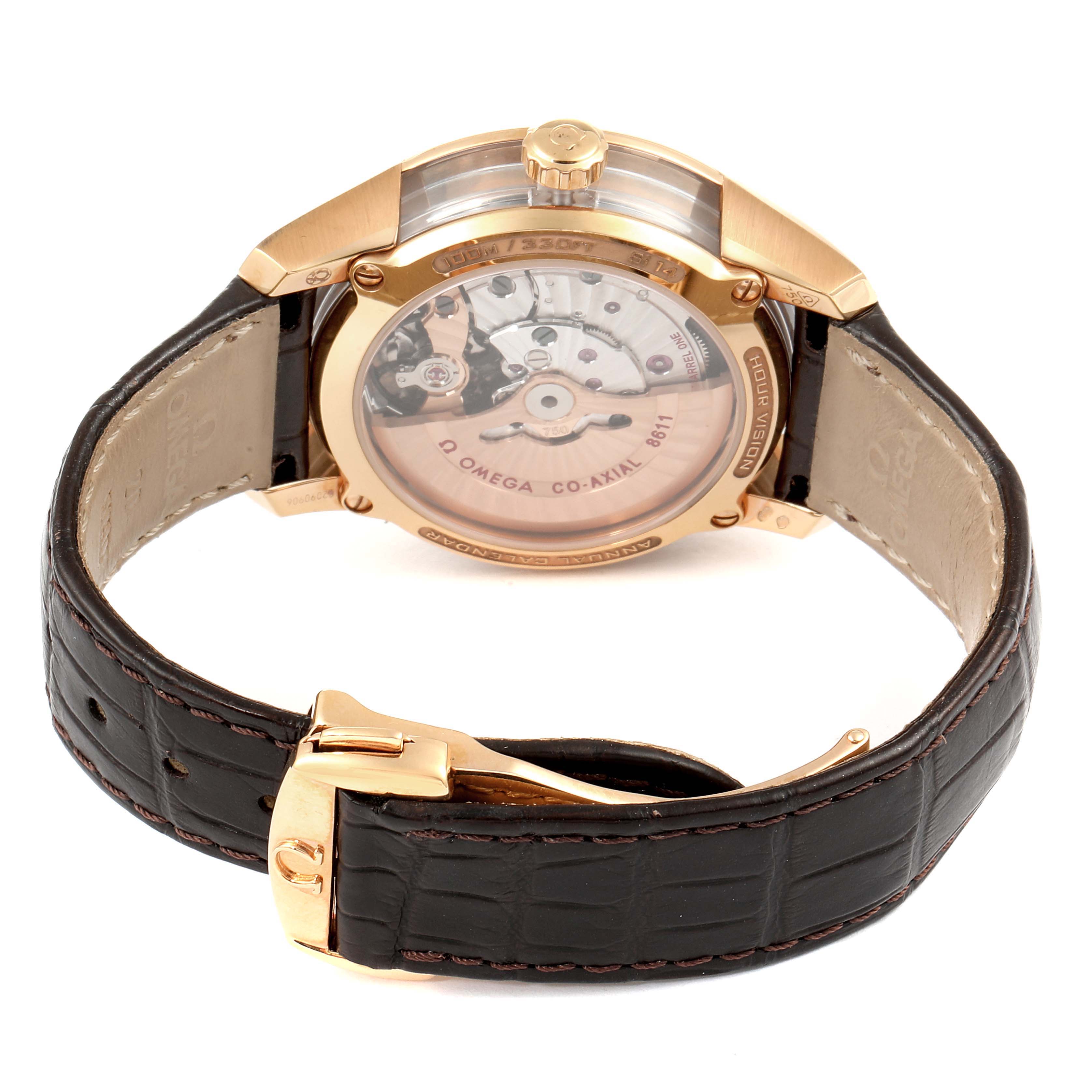 The image shows the back case and leather strap of an Omega De Ville 431.63.41.22.02.001 Men's Rose Gold Silver Dial 431.63.41.22.02.001 Men's Rose Gold Silver Dial watch, highlighting the movement and clasp.