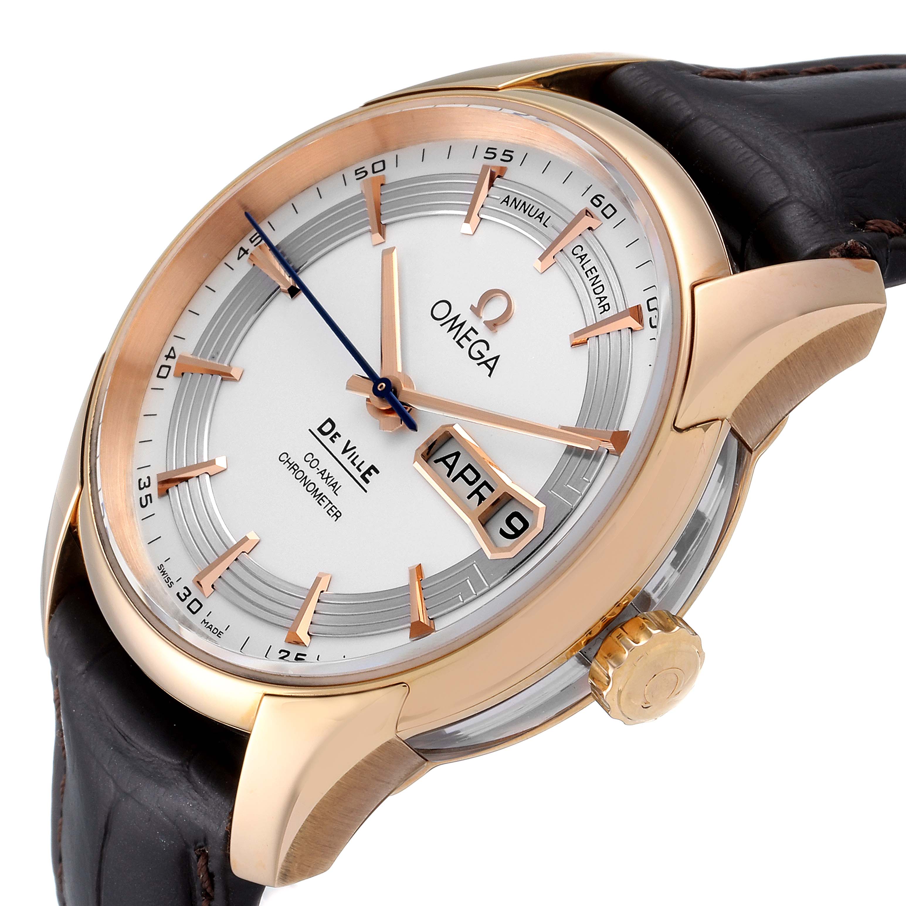 This image shows an Omega De Ville 431.63.41.22.02.001 Men's Rose Gold Silver Dial 431.63.41.22.02.001 Men's Rose Gold Silver Dial watch from an oblique angle, highlighting the face, date display, and leather strap.