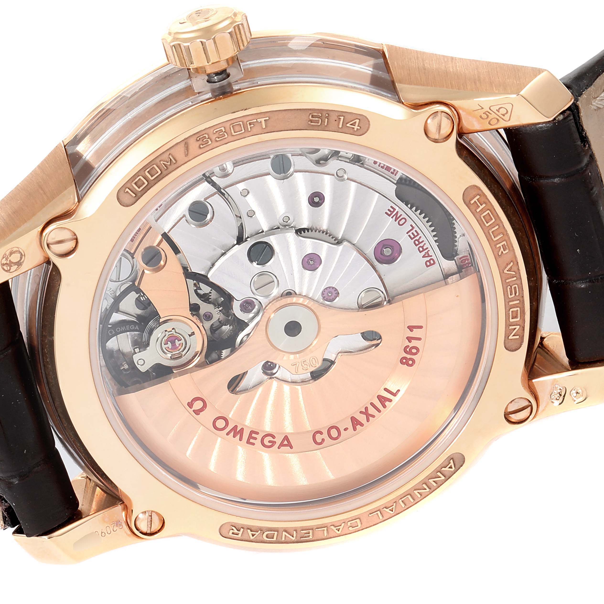 This image shows the back view of an Omega De Ville 431.63.41.22.02.001 Men's Rose Gold Silver Dial 431.63.41.22.02.001 Men's Rose Gold Silver Dial watch, revealing its internal mechanical components.