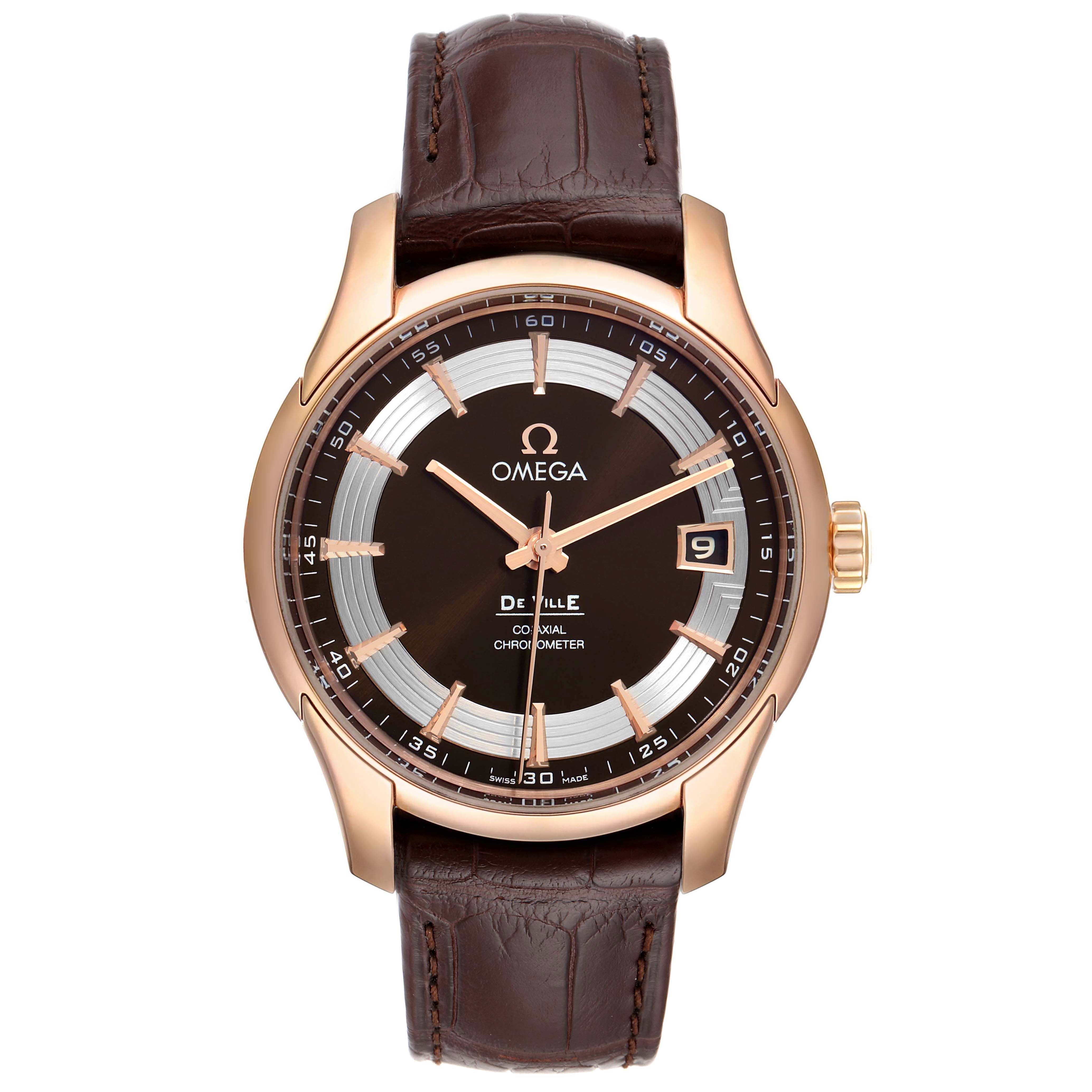 This image shows a front view of an Omega De Ville 431.63.41.21.13.001 Men's Rose Gold Brown Dial 431.63.41.21.13.001 Men's Rose Gold Brown Dial watch, featuring a brown dial, gold case, and brown leather strap.