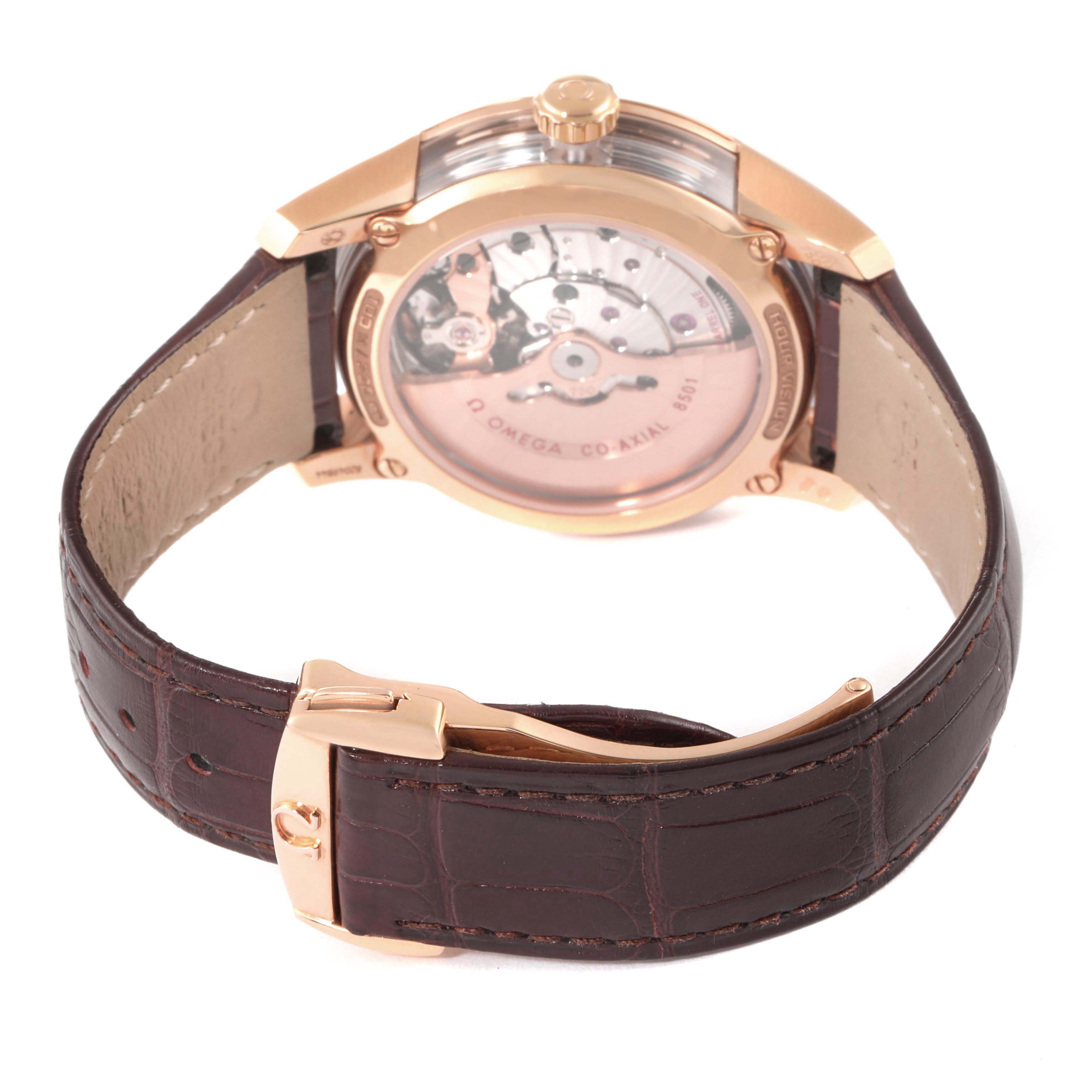 This image shows the back case and leather strap of an Omega De Ville 431.63.41.21.13.001 Men's Rose Gold Brown Dial 431.63.41.21.13.001 Men's Rose Gold Brown Dial watch from a rear angle.