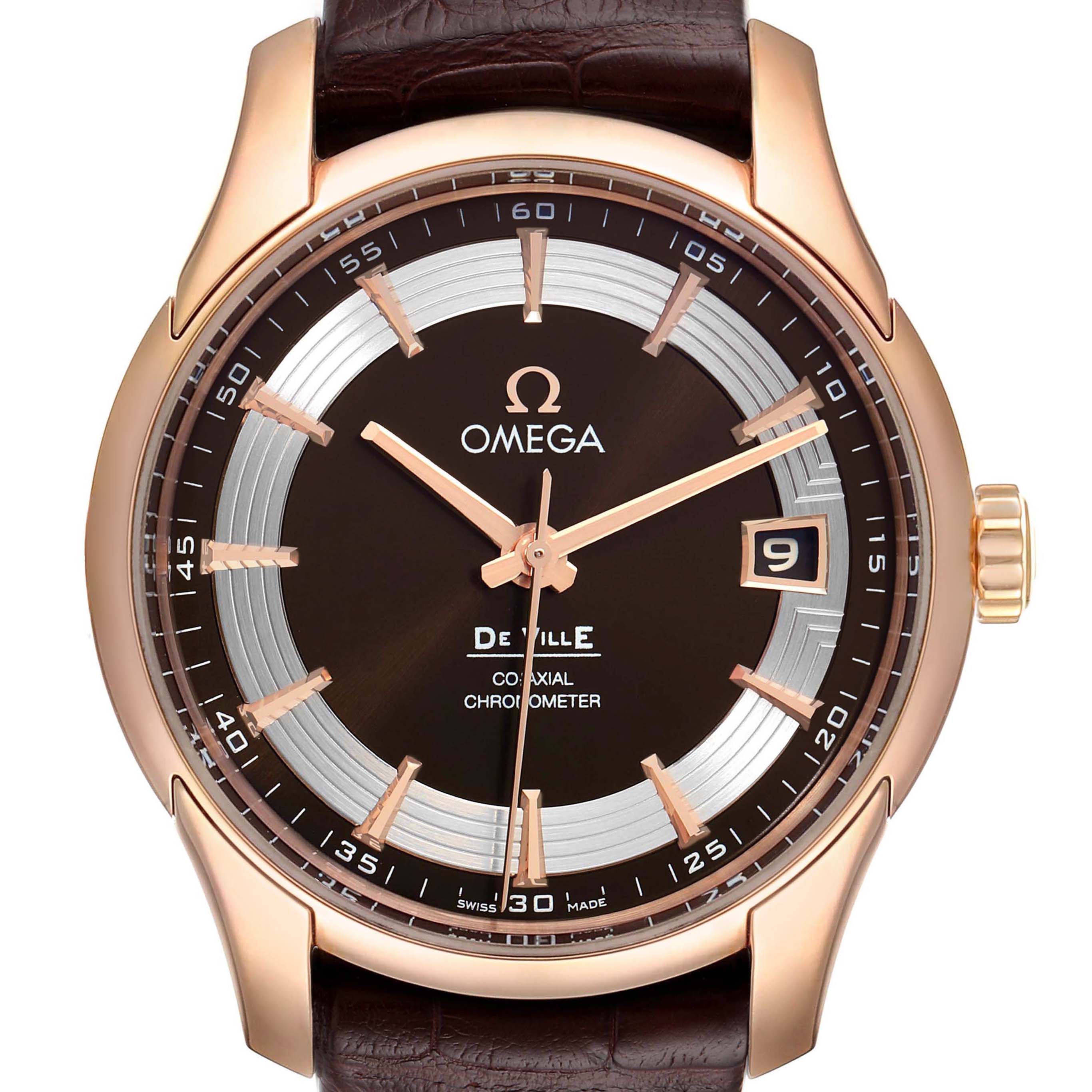 This Omega De Ville 431.63.41.21.13.001 Men's Rose Gold Brown Dial 431.63.41.21.13.001 Men's Rose Gold Brown Dial watch is shown from the front, displaying the full watch face, dial, hands, and crown.