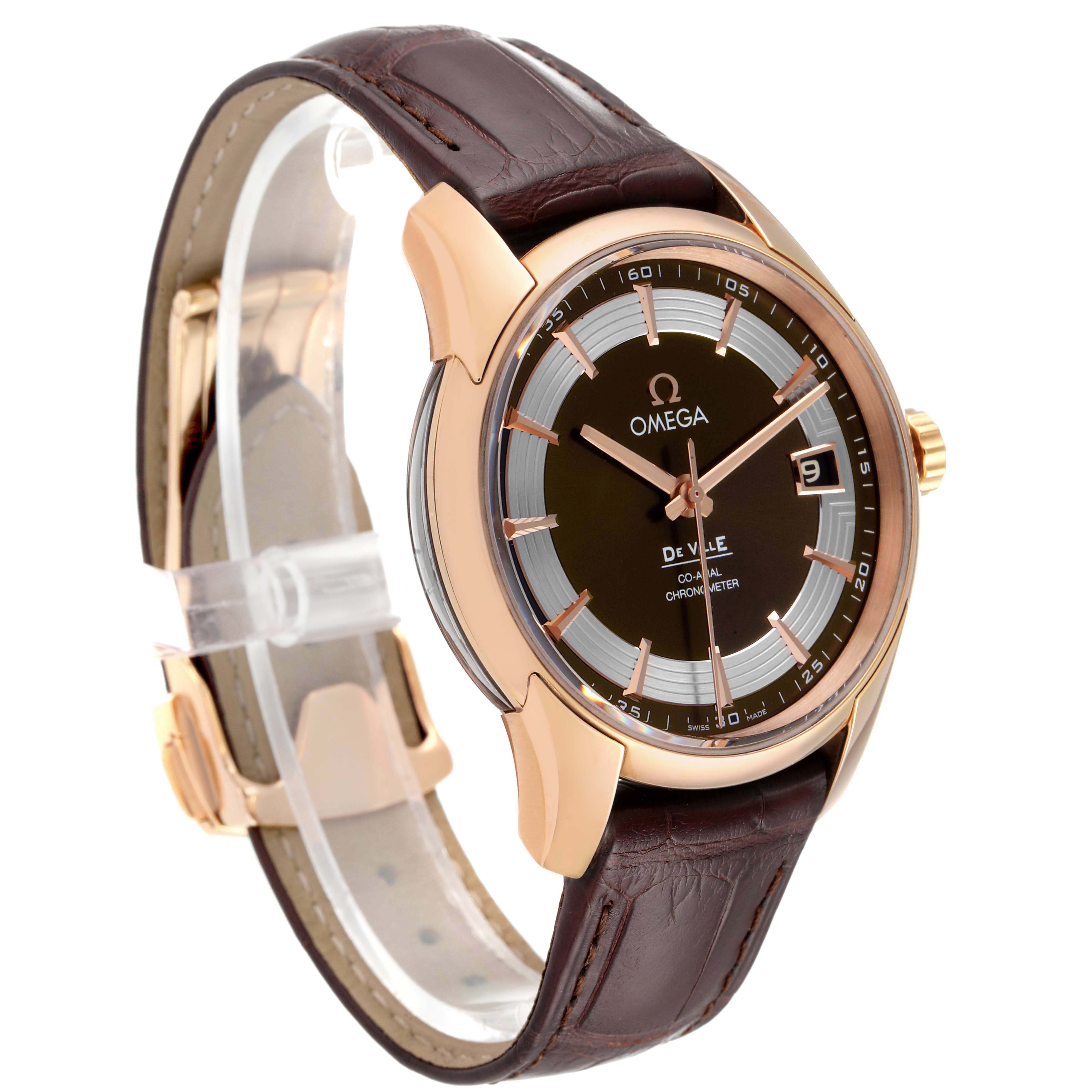 This image shows an Omega De Ville 431.63.41.21.13.001 Men's Rose Gold Brown Dial 431.63.41.21.13.001 Men's Rose Gold Brown Dial watch from a front angle, highlighting the dial, case, strap, and clasp.
