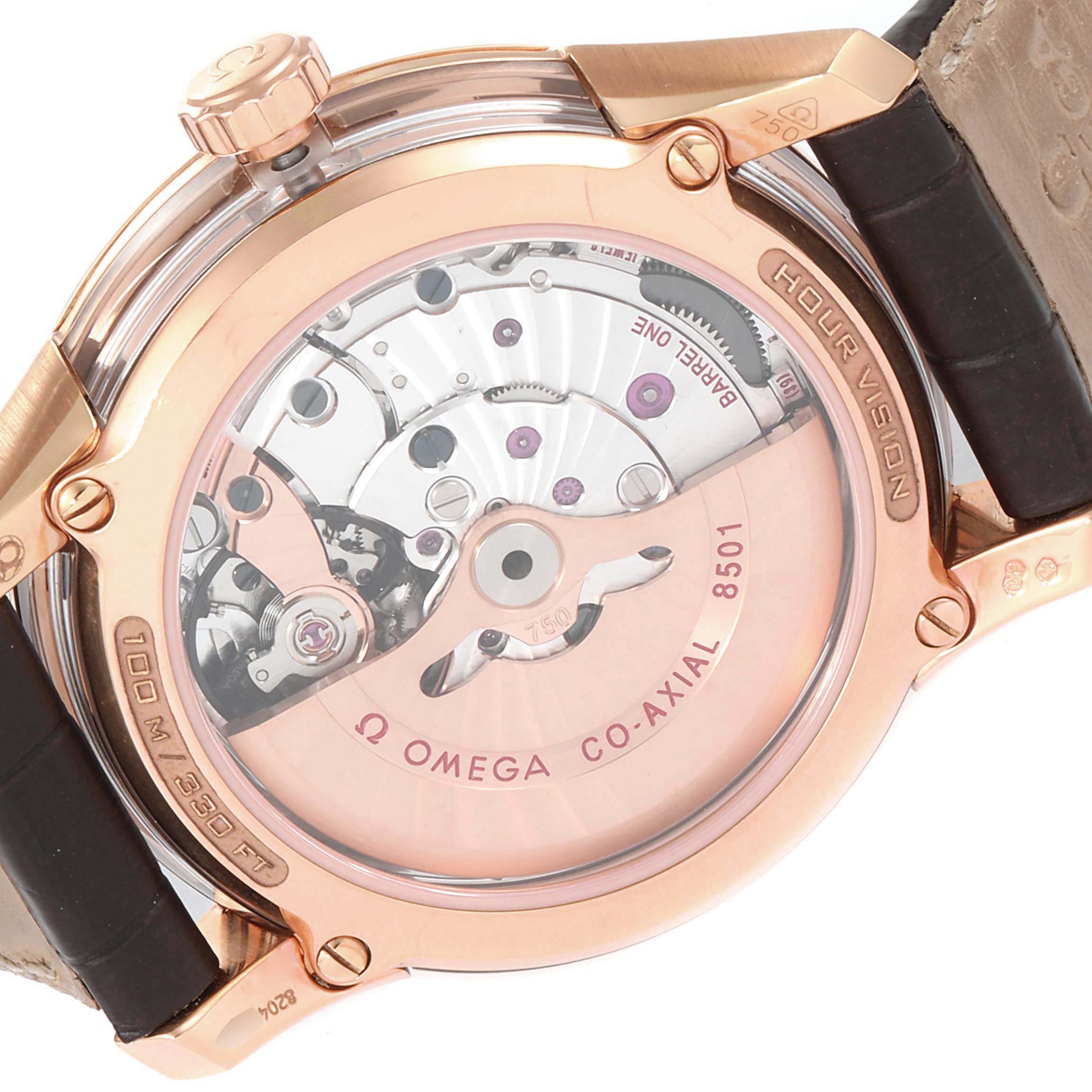 The image shows the case back of the Omega De Ville 431.63.41.21.13.001 Men's Rose Gold Brown Dial 431.63.41.21.13.001 Men's Rose Gold Brown Dial watch, revealing its Co-Axial 8501 movement.