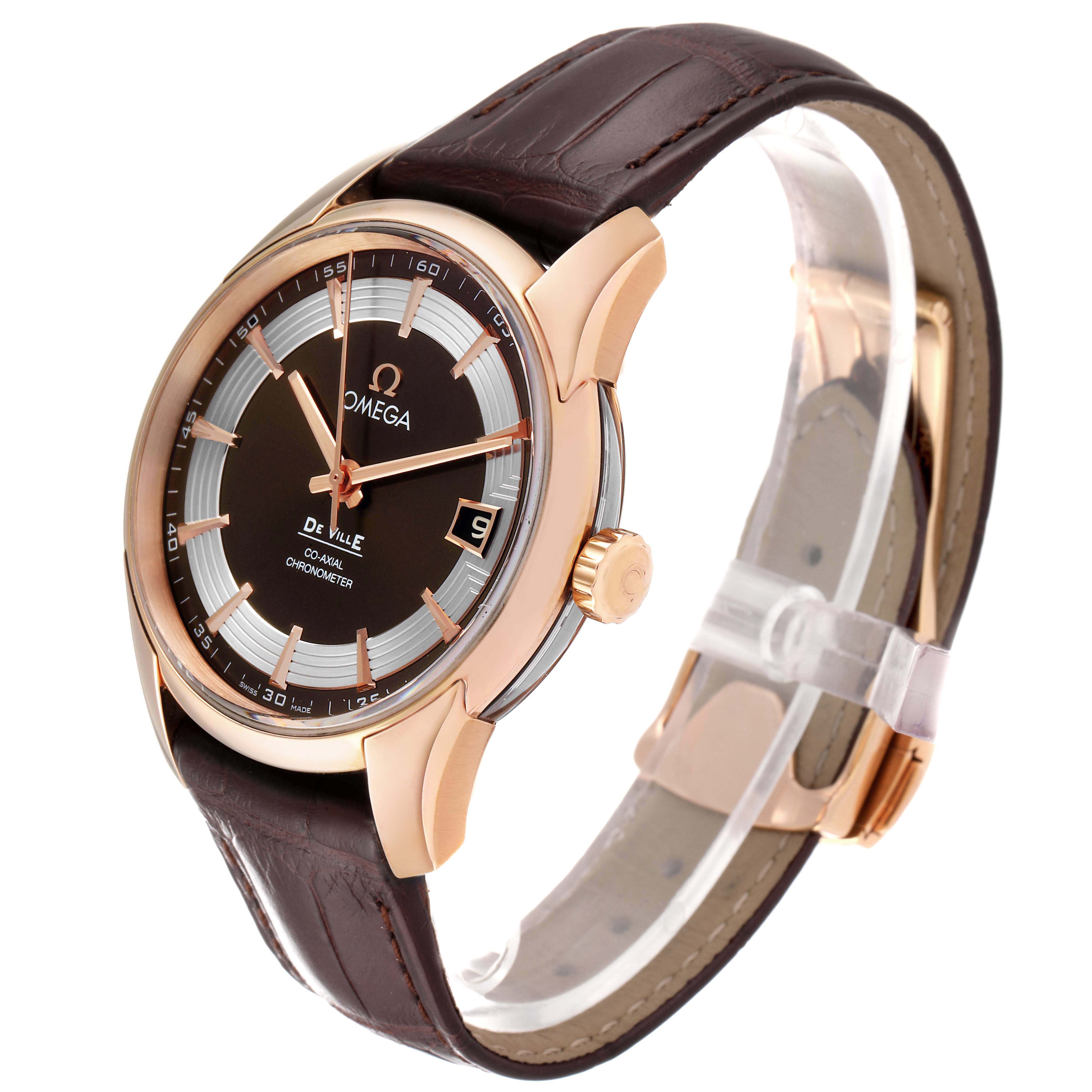 The image shows an Omega De Ville 431.63.41.21.13.001 Men's Rose Gold Brown Dial 431.63.41.21.13.001 Men's Rose Gold Brown Dial watch from a front-side angle, displaying its dial, crown, and leather strap.