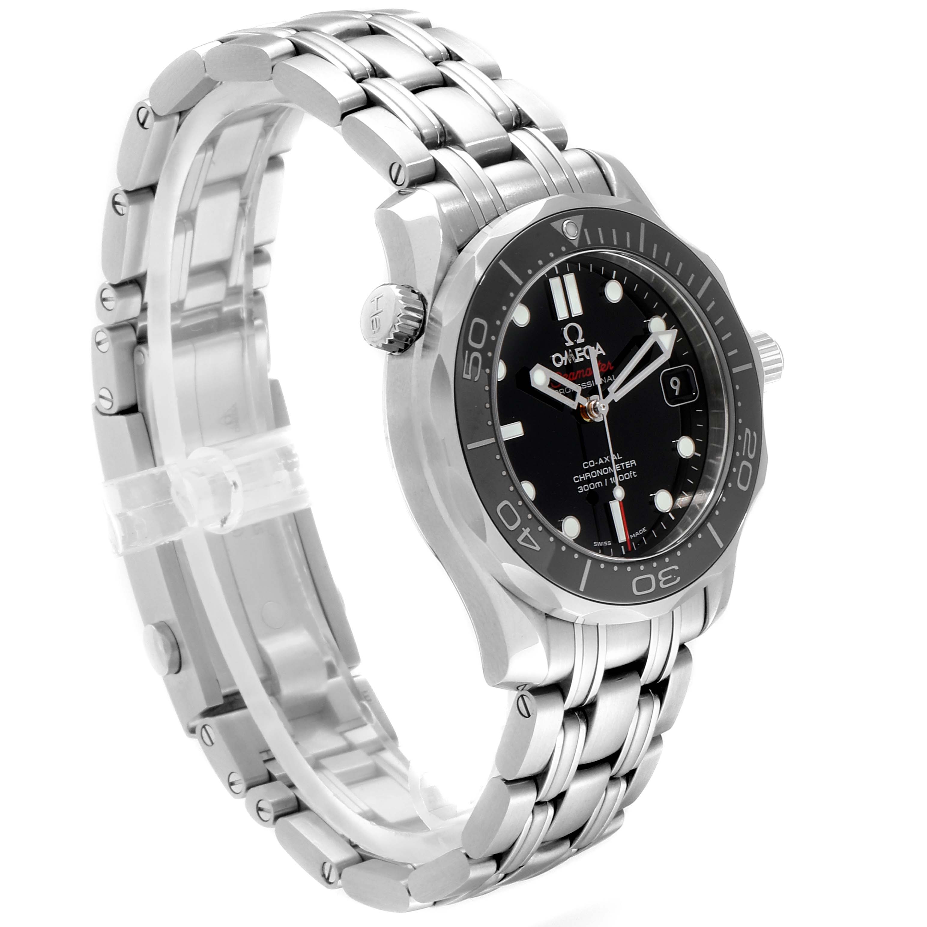 The Omega Seamaster 212.30.36.20.01.002 Men
s Stainless Steel Black Dial 212.30.36.20.01.002 Men
s Stainless Steel Black Dial watch is shown from a 3/4 angle, highlighting the bracelet, bezel, and dial.