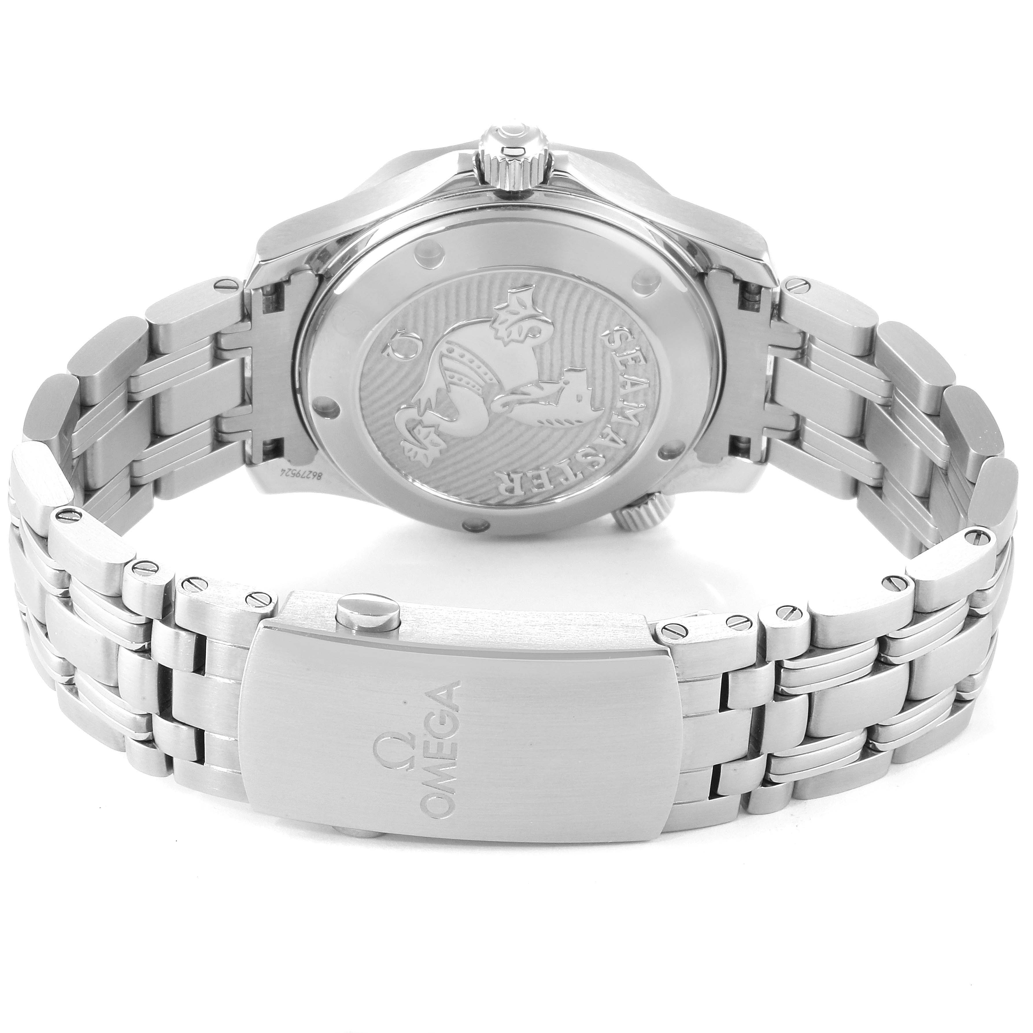 This image shows the back case and bracelet of the Omega Seamaster 212.30.36.20.01.002 Men
s Stainless Steel Black Dial 212.30.36.20.01.002 Men
s Stainless Steel Black Dial watch, highlighting the clasp and engraved case back.