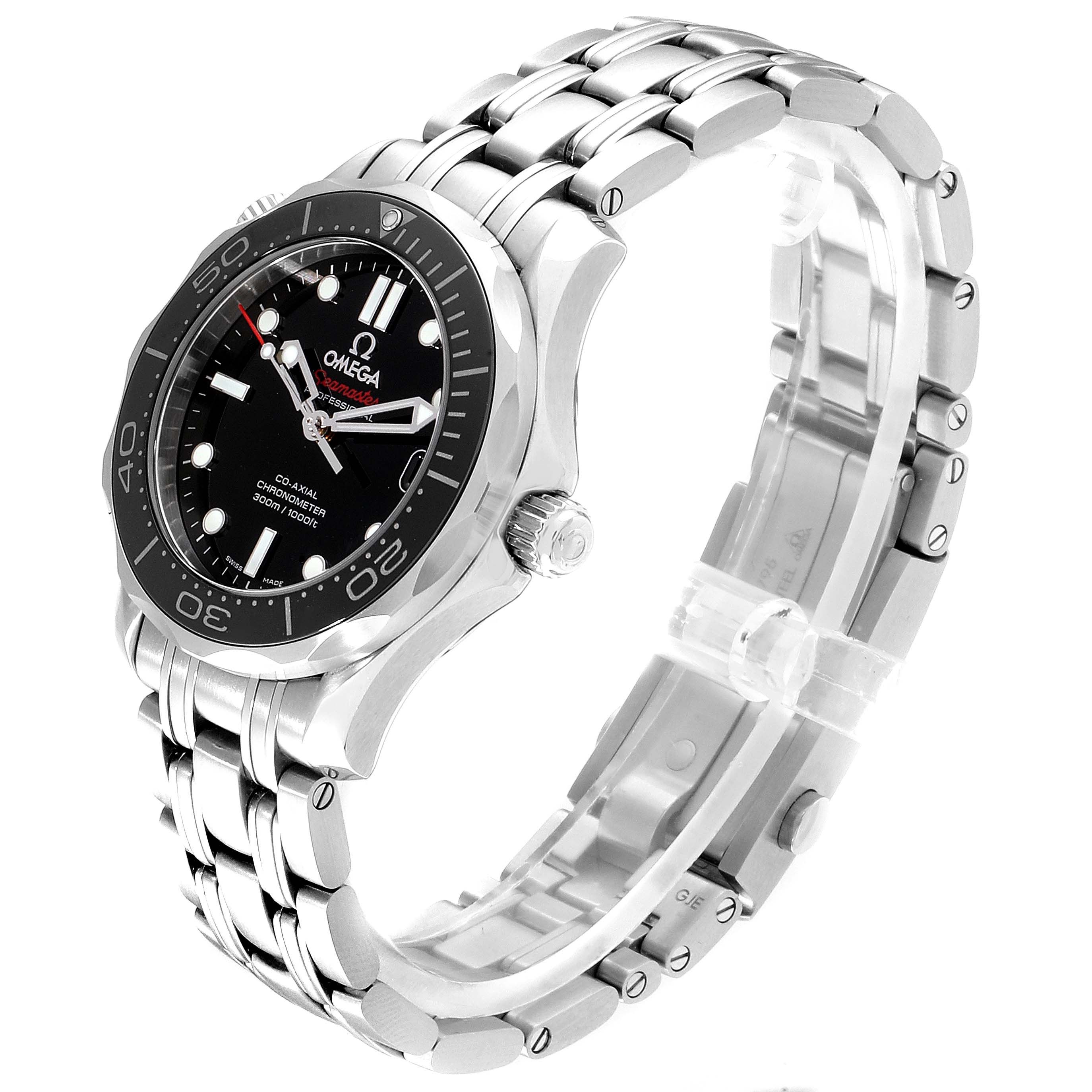 The image shows an Omega Seamaster 212.30.36.20.01.002 Men
s Stainless Steel Black Dial 212.30.36.20.01.002 Men
s Stainless Steel Black Dial watch at an angled side view, highlighting the bracelet, case, dial, and bezel.