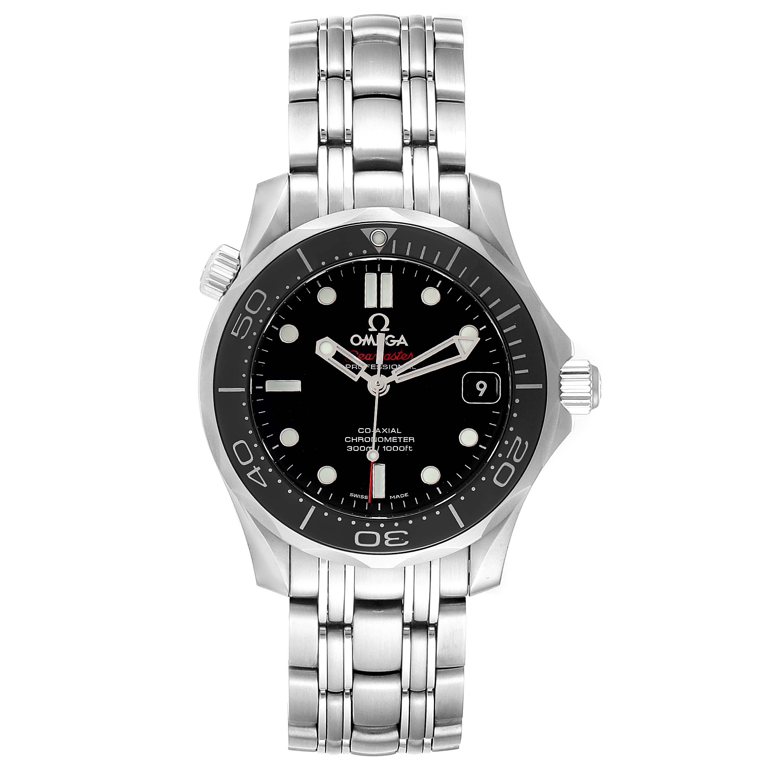 The image shows a frontal view of the Omega Seamaster 212.30.36.20.01.002 Men
s Stainless Steel Black Dial 212.30.36.20.01.002 Men
s Stainless Steel Black Dial watch, highlighting its bezel, dial, and stainless steel bracelet.