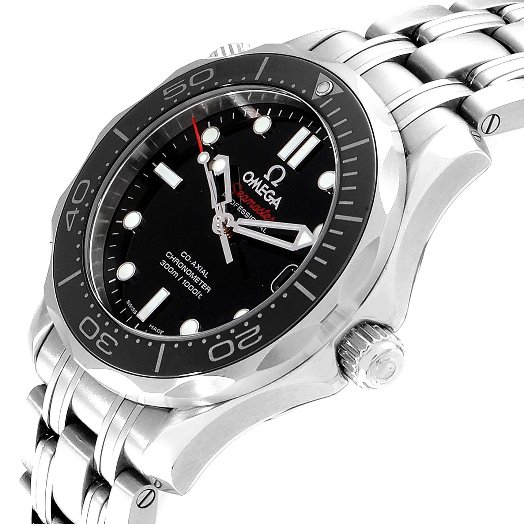 The Omega Seamaster 212.30.36.20.01.002 Men
s Stainless Steel Black Dial 212.30.36.20.01.002 Men
s Stainless Steel Black Dial watch is shown at an oblique angle, highlighting the case, bezel, dial, and part of the bracelet.