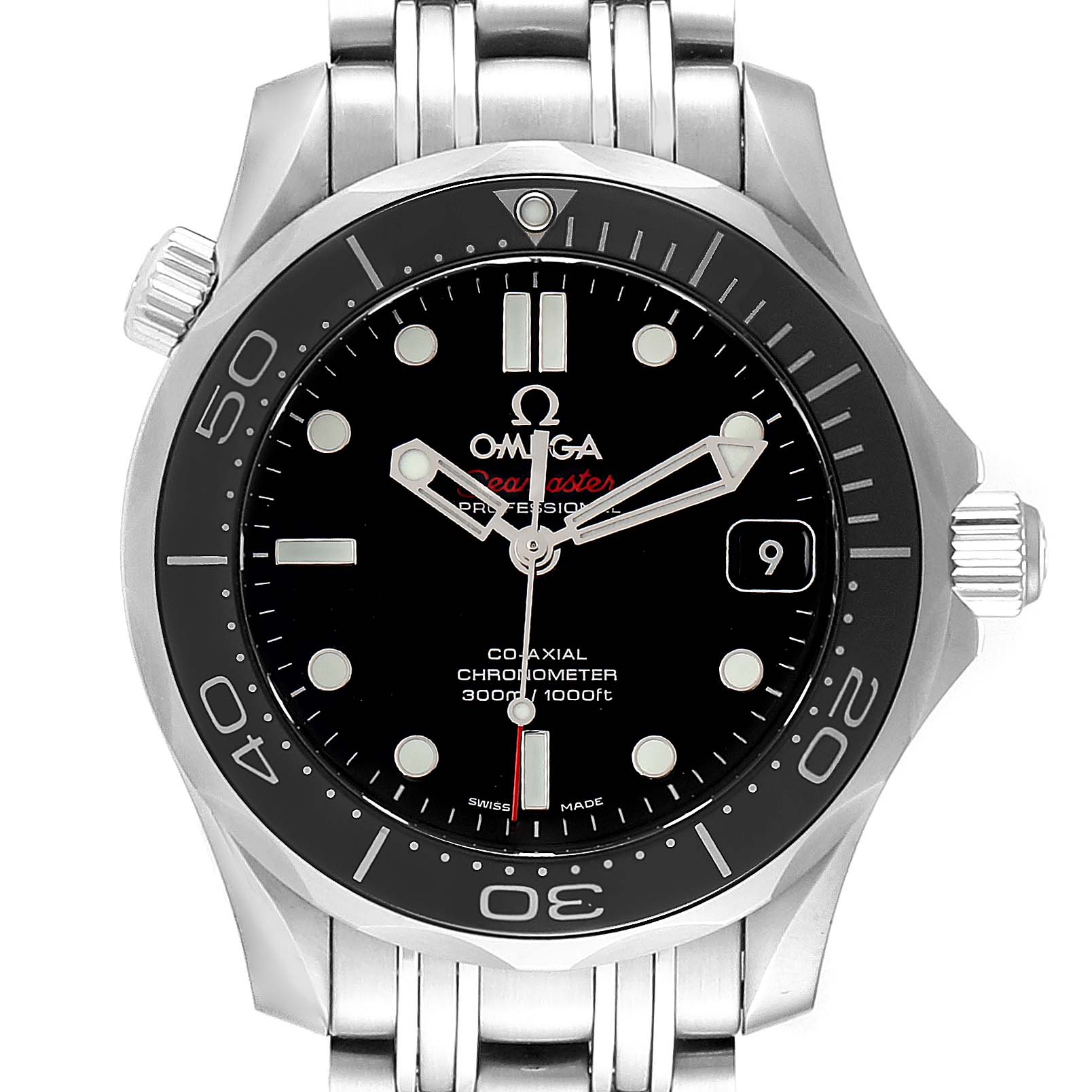 This image displays a frontal view of an Omega Seamaster 212.30.36.20.01.002 Men
s Stainless Steel Black Dial 212.30.36.20.01.002 Men
s Stainless Steel Black Dial watch, highlighting the dial, bezel, and bracelet.