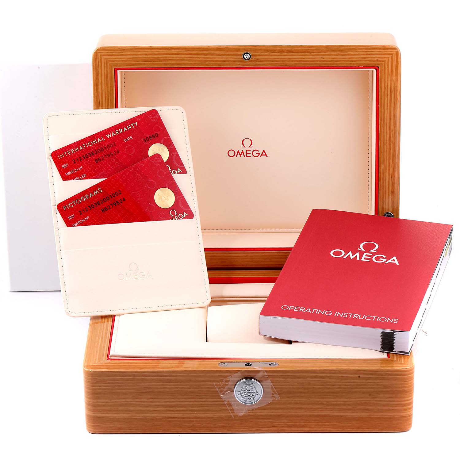 The image shows an Omega Seamaster 212.30.36.20.01.002 Men
s Stainless Steel Black Dial 212.30.36.20.01.002 Men
s Stainless Steel Black Dial watch box, warranty cards, cardholder, and operating instructions manual.