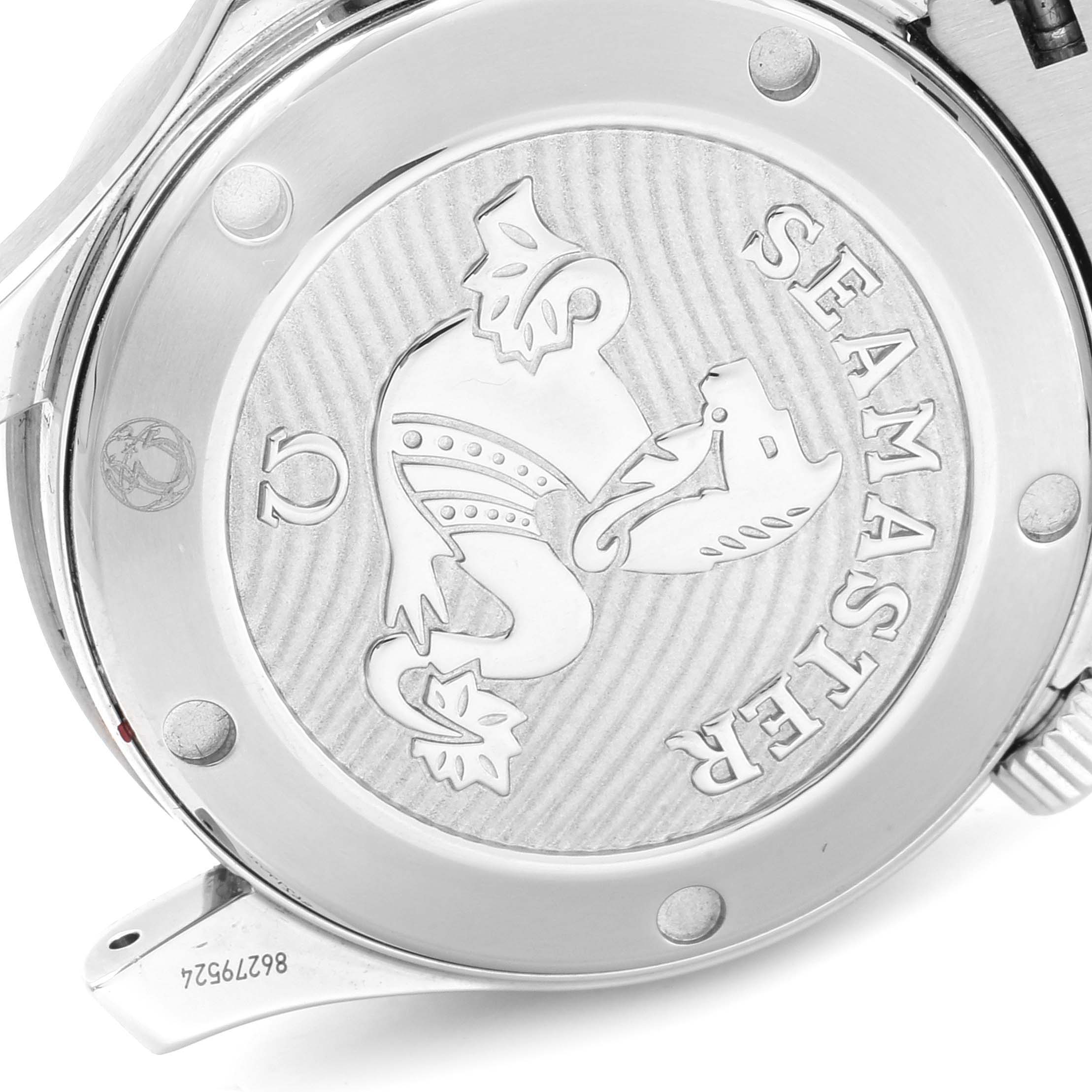 The image shows the case back of an Omega Seamaster 212.30.36.20.01.002 Men
s Stainless Steel Black Dial 212.30.36.20.01.002 Men
s Stainless Steel Black Dial watch, featuring the engraved sea serpent logo.