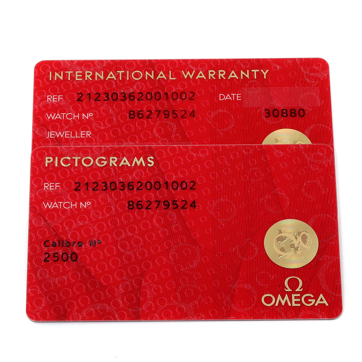 This image shows the International Warranty and Pictograms cards for the Omega Seamaster 212.30.36.20.01.002 Men
s Stainless Steel Black Dial 212.30.36.20.01.002 Men
s Stainless Steel Black Dial model watch.