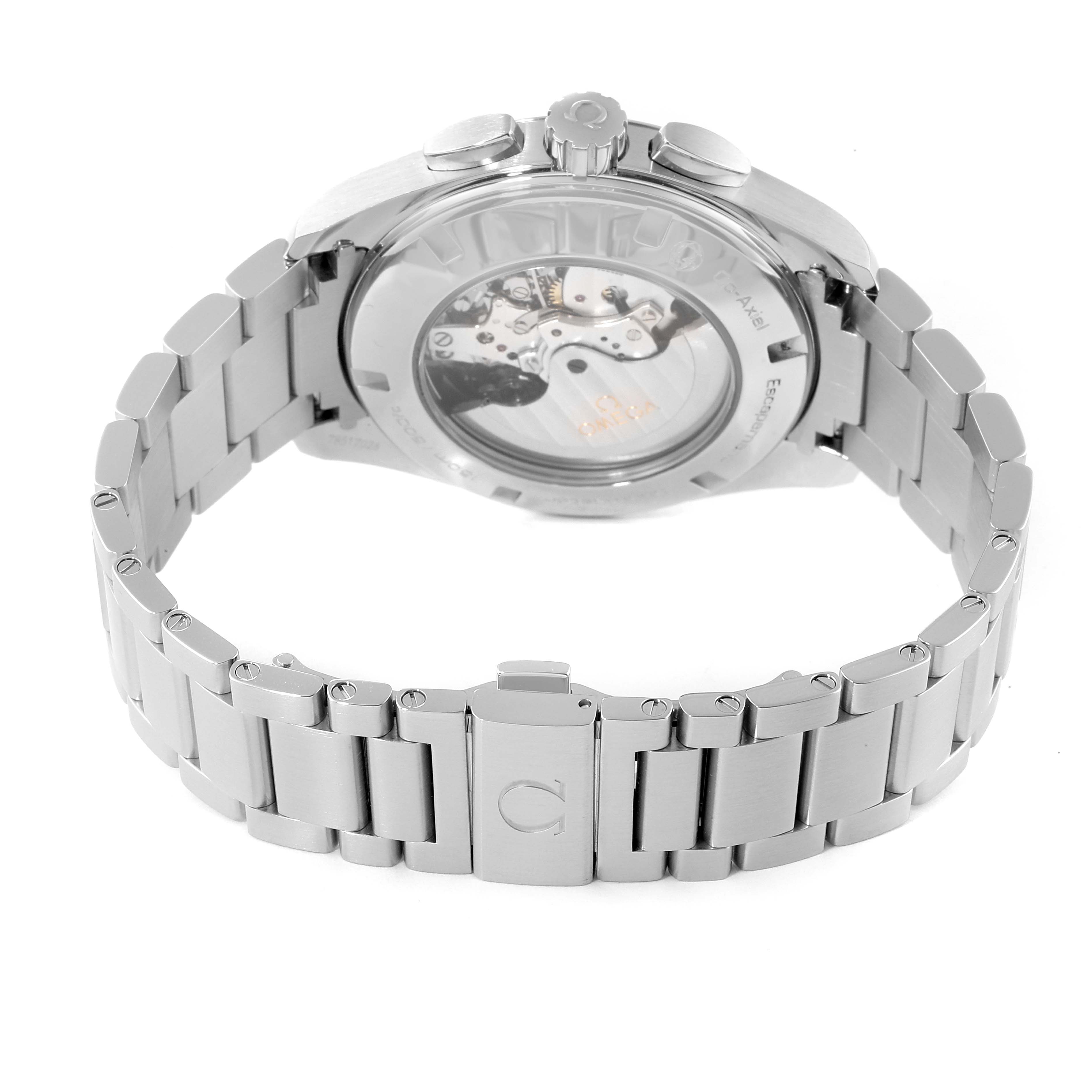 The image shows the back view of the Omega Aqua Terra 231.10.44.50.04.001 Men's Stainless Steel White Dial 231.10.44.50.04.001 Men's Stainless Steel White Dial watch, highlighting its bracelet, clasp, and transparent case back.