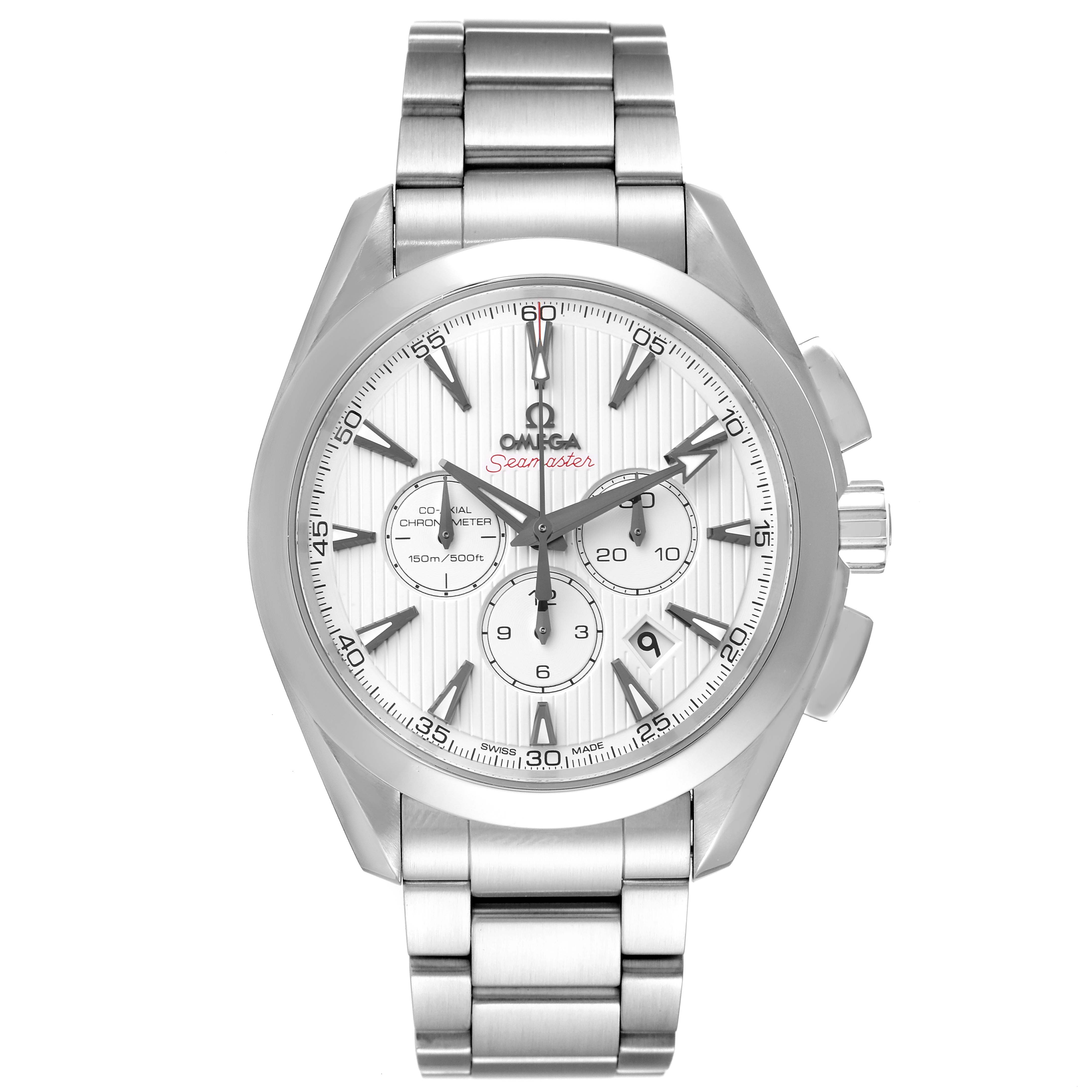 This image shows a front view of the Omega Aqua Terra 231.10.44.50.04.001 Men's Stainless Steel White Dial 231.10.44.50.04.001 Men's Stainless Steel White Dial watch, displaying its dial, hands, bracelet, and chronograph subdials.